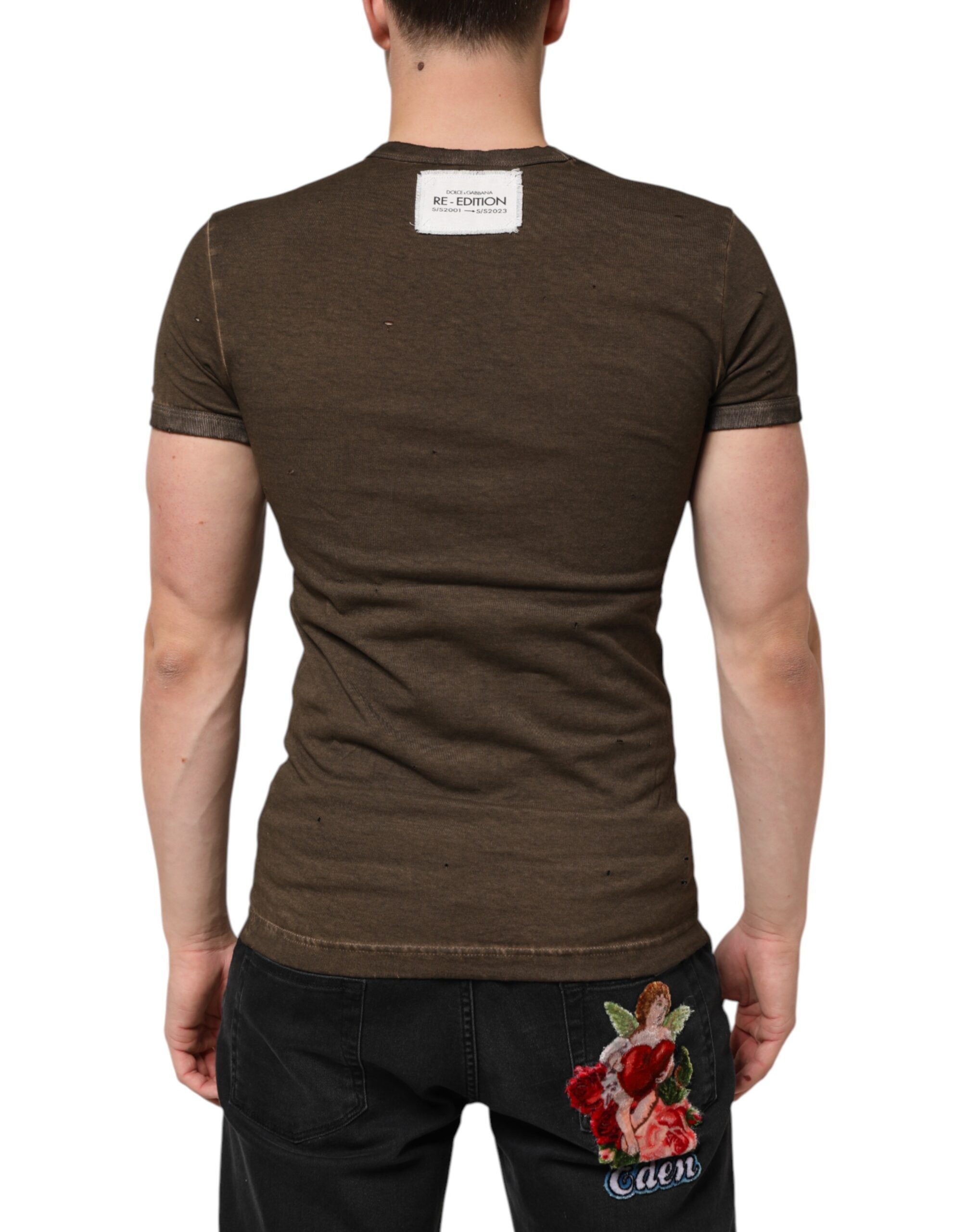 Dolce & Gabbana Dark Brown Cotton Tattered Logo Men Men's T-shirt