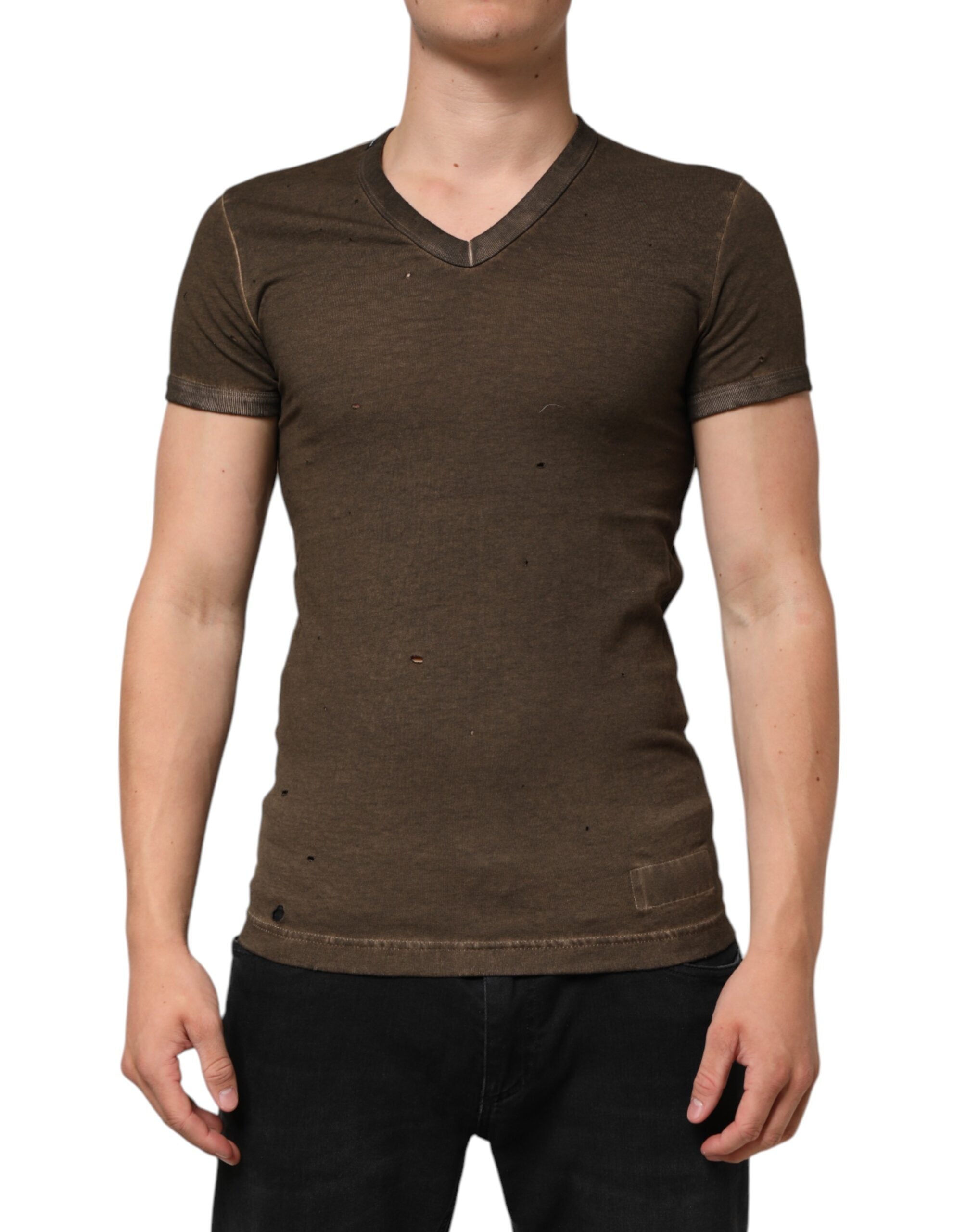 Dolce & Gabbana Dark Brown Cotton Tattered Logo Men Men's T-shirt