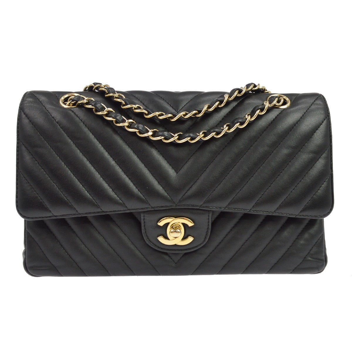 Chanel Classic Double Flap Quilted Lambskin Black Leather Handbag (Pre-Owned)