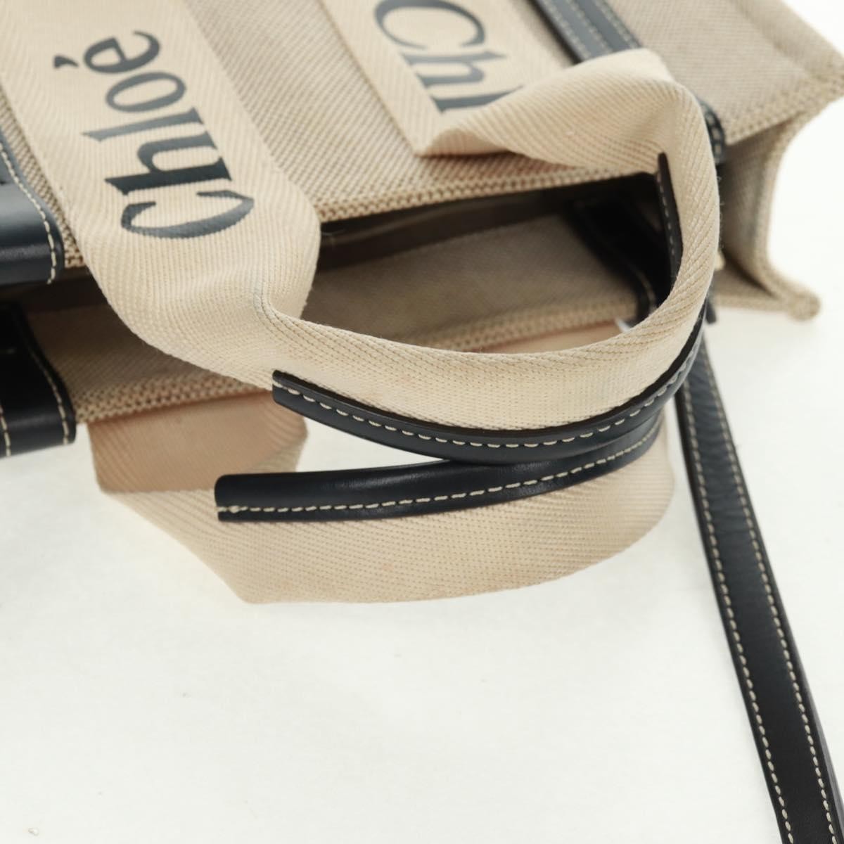 Chloe Woody Convertible Canvas With Leather Beige Canvas Tote Bag Bag (Pre-Owned)