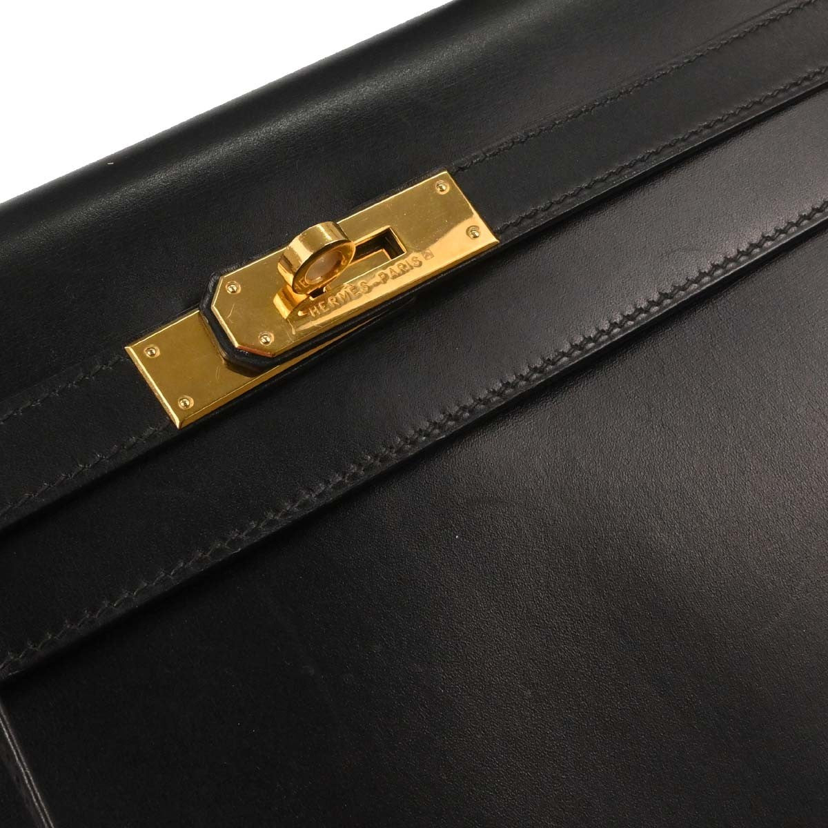 Hermes Kelly Black Box Calf With Gold Hardware Black Lace Handbag (Pre-Owned)