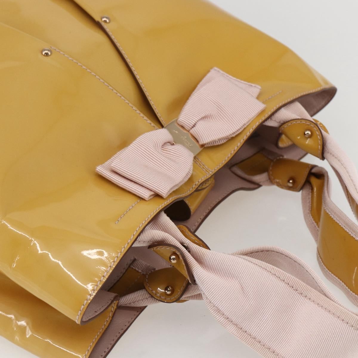 Salvatore Ferragamo Vala Patent Leather Yellow Patent_Leather Handbag (Pre-Owned)