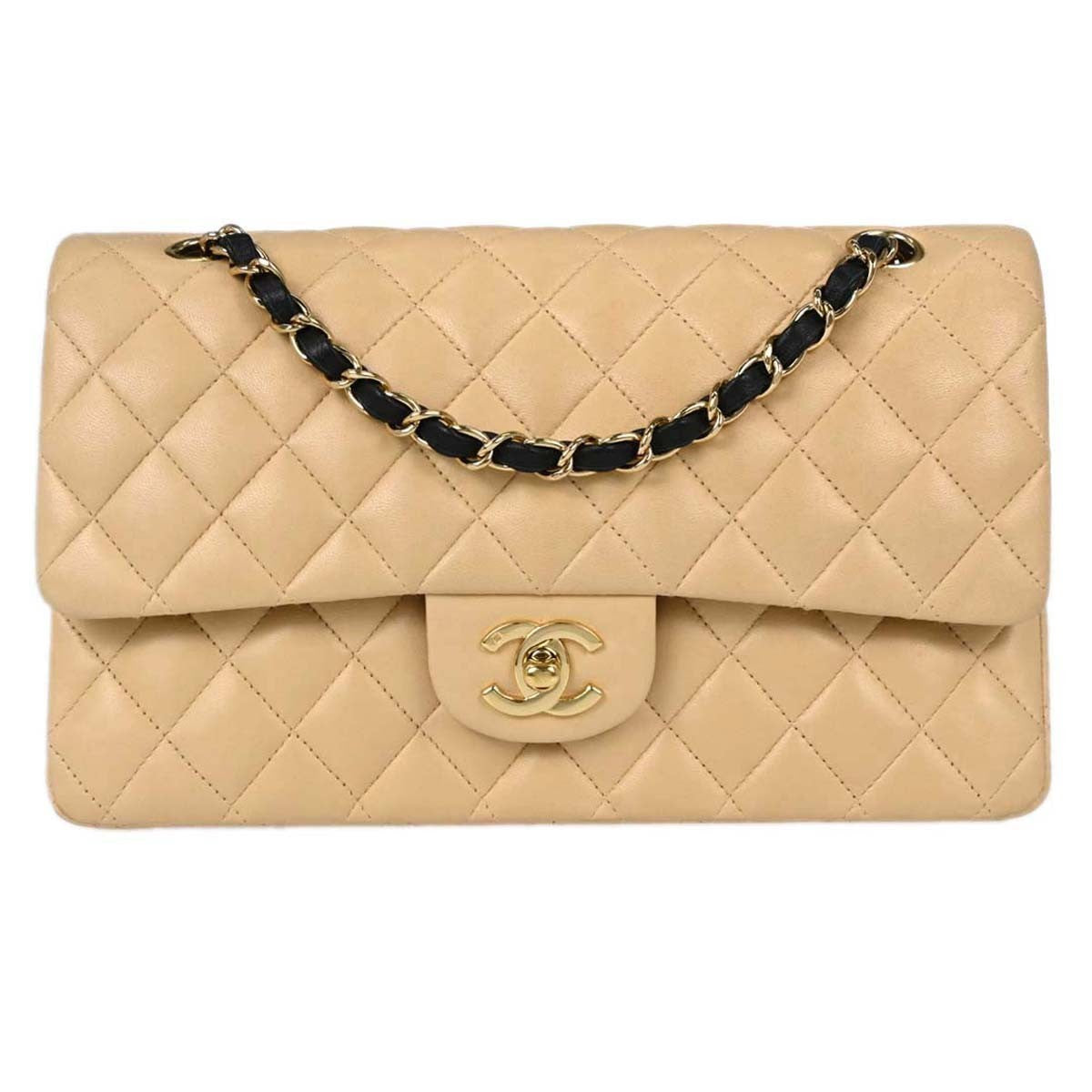 Chanel Classic Double Flap Quilted Lambskin Beige Leather Shoulder Bag Bag (Pre-Owned)