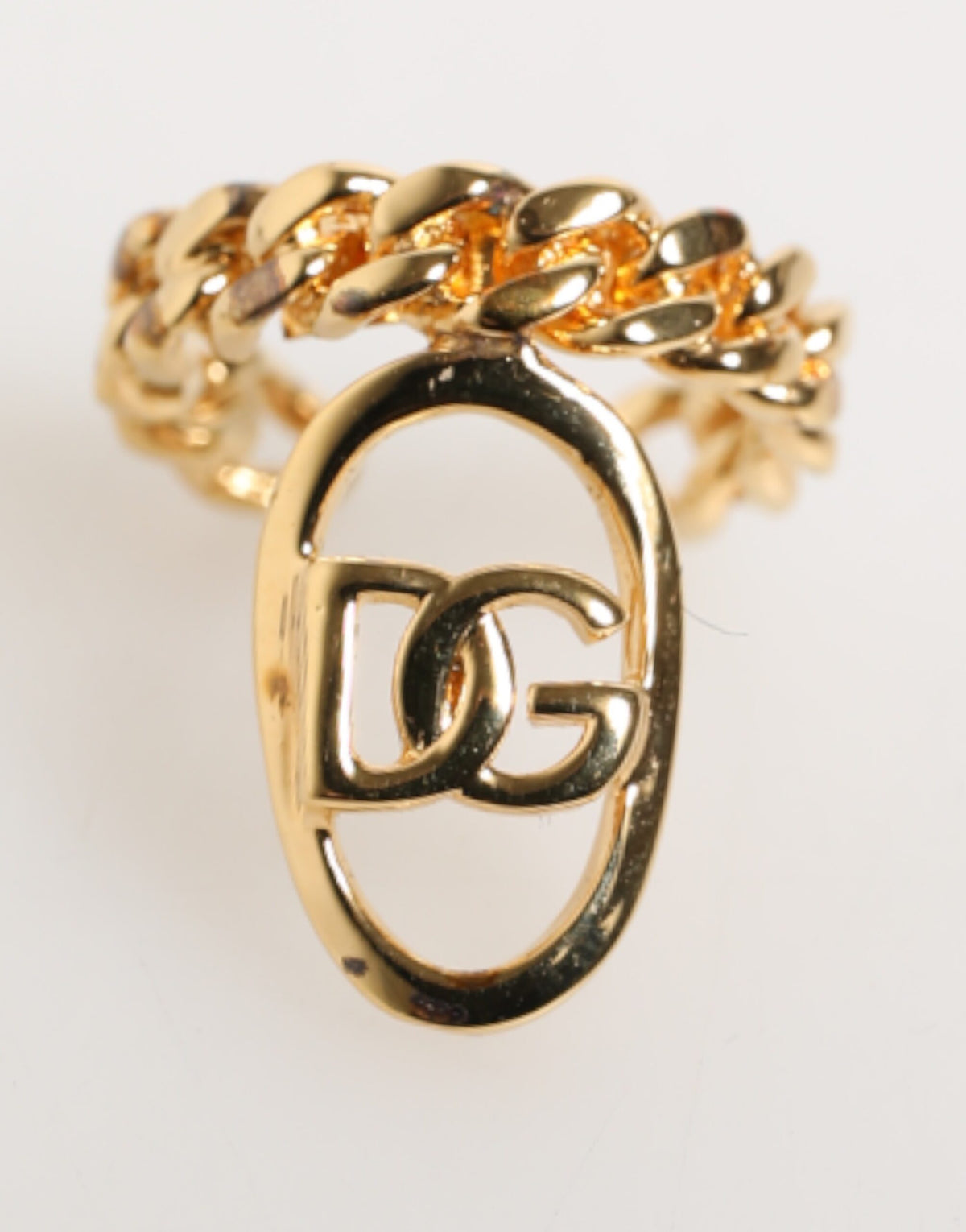 Dolce & Gabbana Gold Tone Brass Oval DG Logo Chain Adjustable Men's Ring