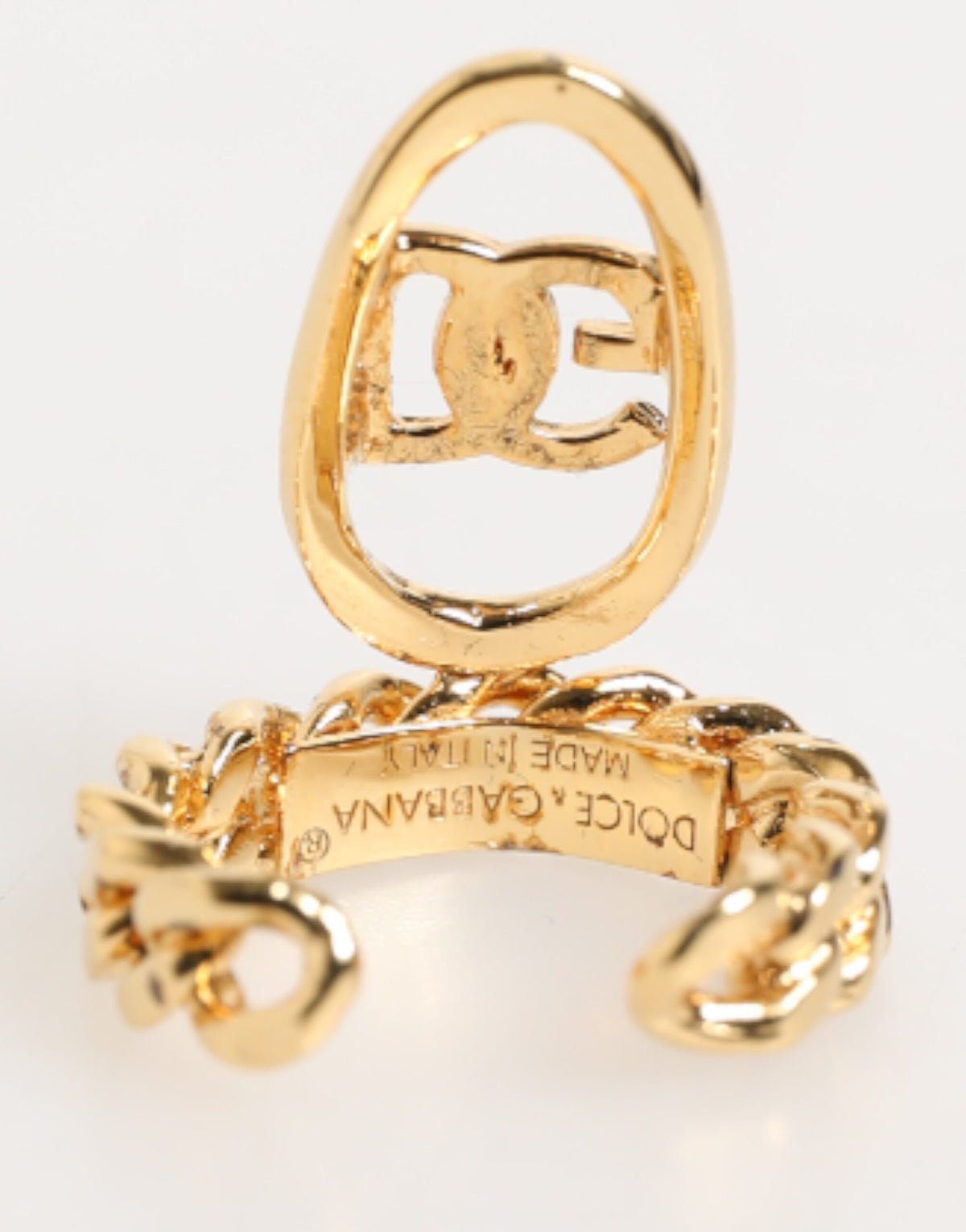 Dolce & Gabbana Gold Tone Brass Oval DG Logo Chain Adjustable Men's Ring