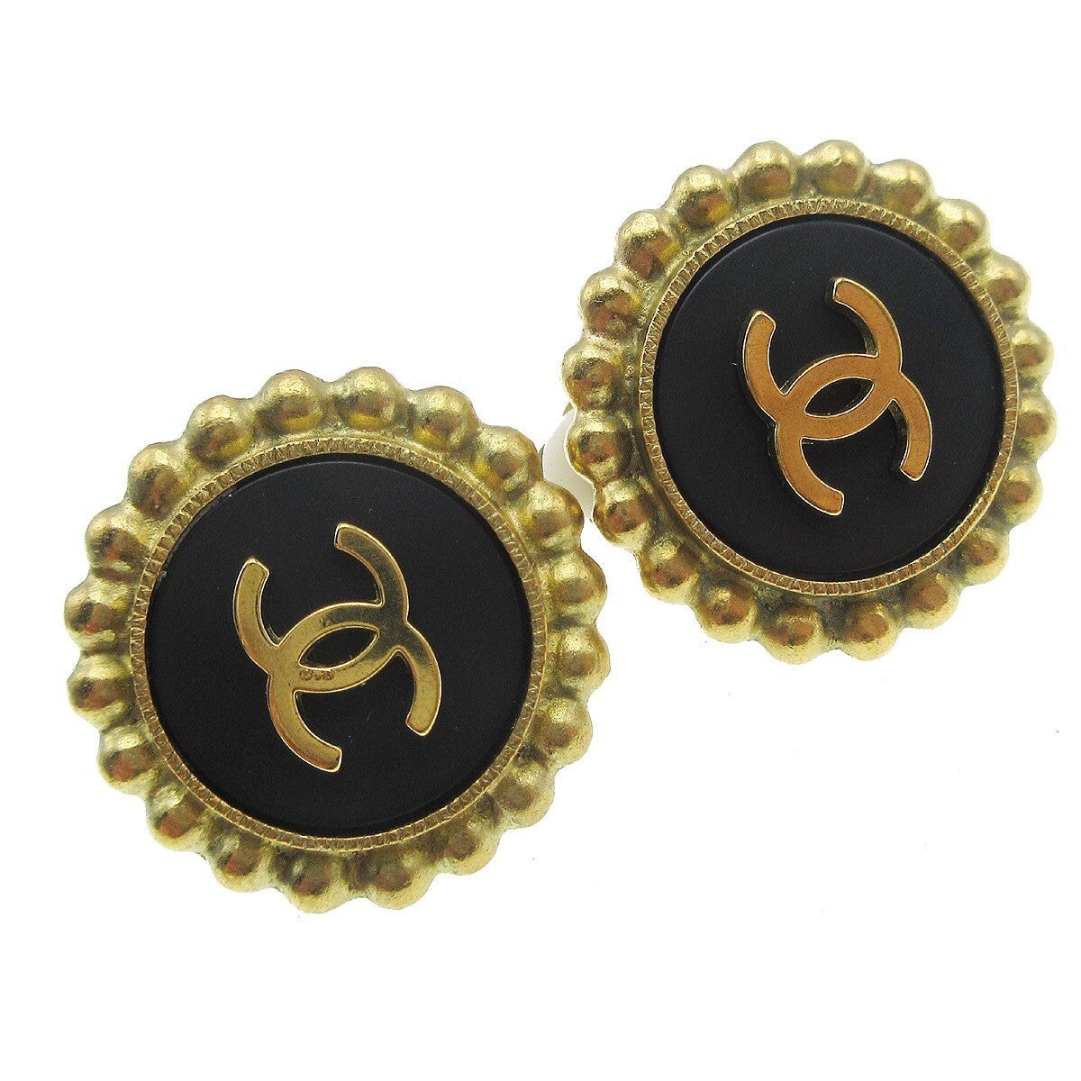 Chanel Cc Round Metal Black Gold_Plated Earrings Jewelry (Pre-Owned)