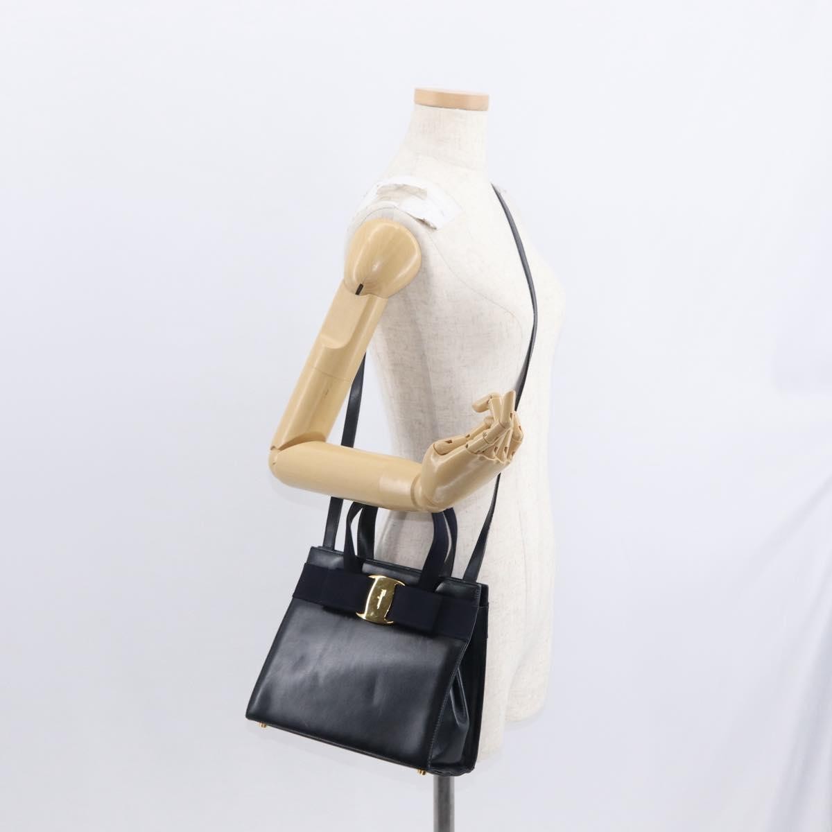 Salvatore Ferragamo Convertible Vara Bow Leather Navy Leather Handbag (Pre-Owned)