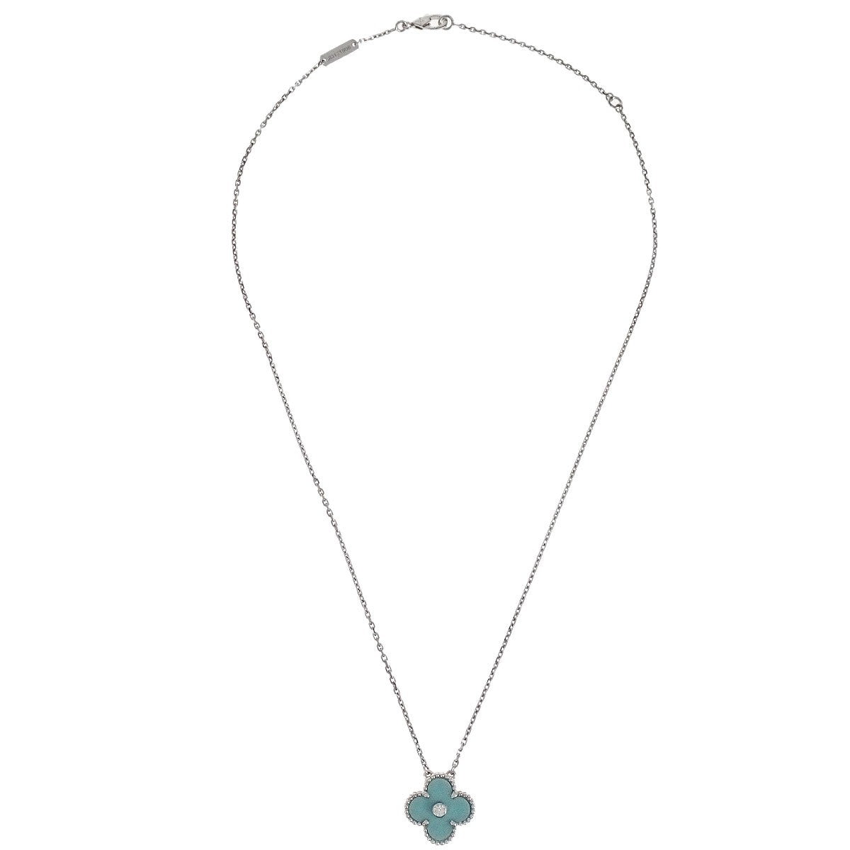 Van Cleef & Arpels Vintage Alhambra Pendant 18K White Gold And Green Celadon Sevres Porcelain With Diamond Silver White_Gold Necklace Jewelry (Pre-Owned)