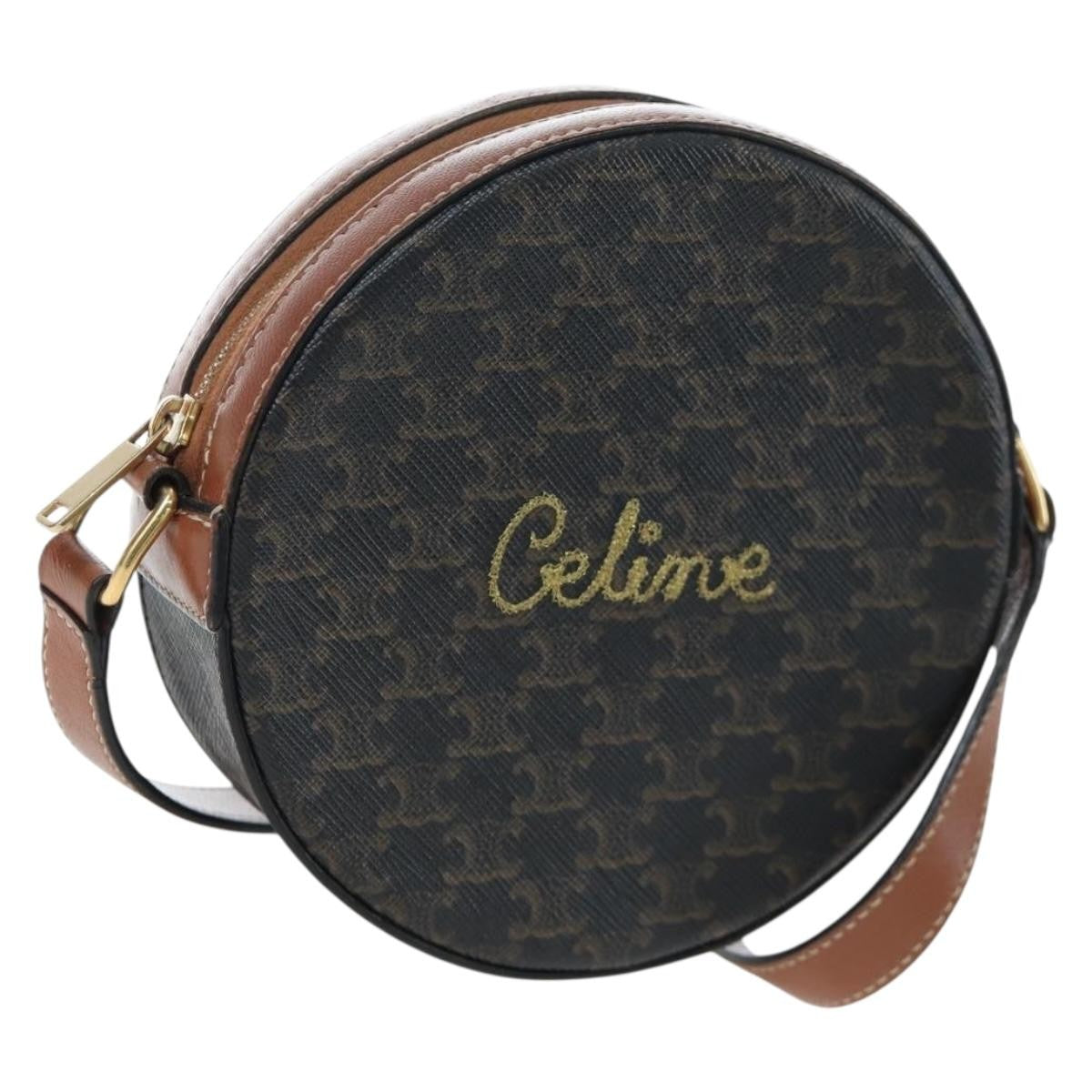 Celine Round Purse On Strap Triomphe Coated Canvas Black Pvc Shoulder Bag Bag (Pre-Owned)
