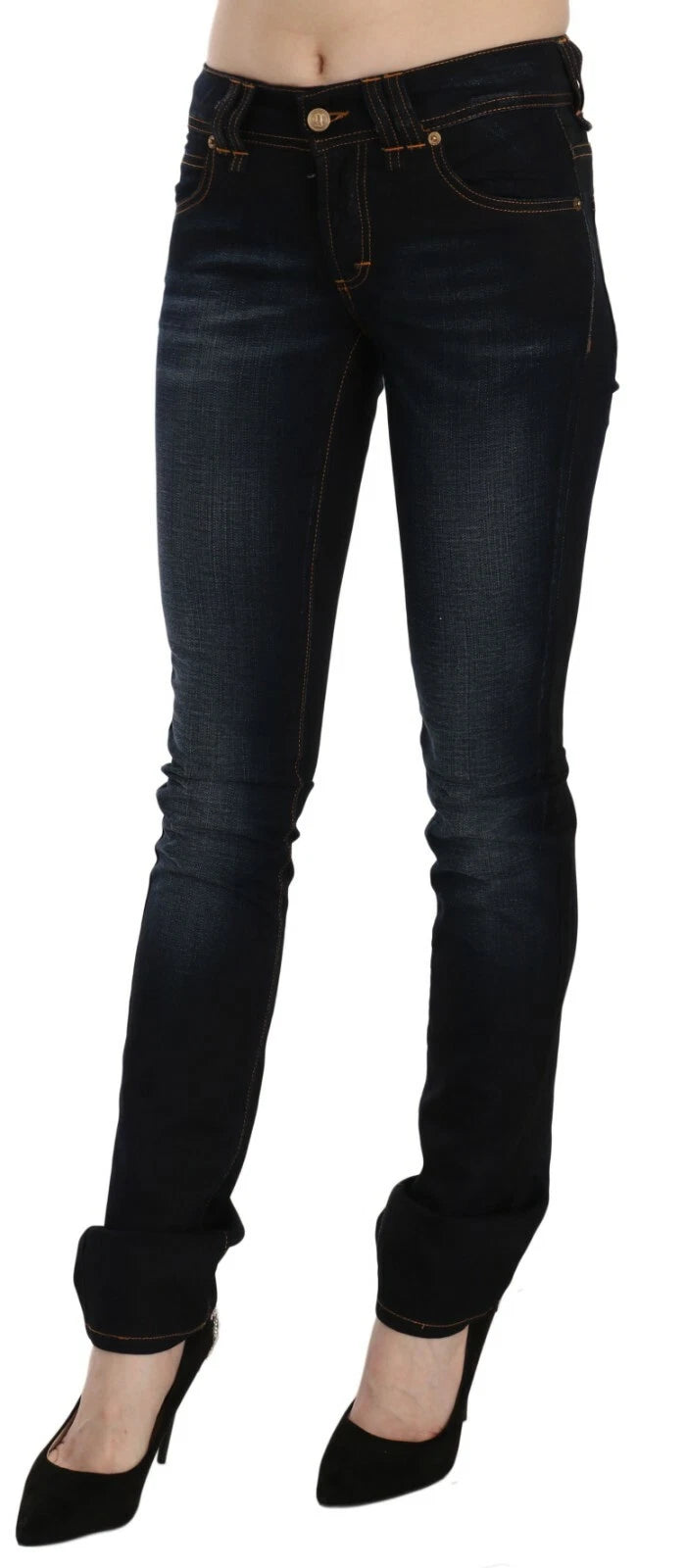 John Galliano Dark Blue Mid Waist Slim Fit Denim Casual Pants Women's Jeans