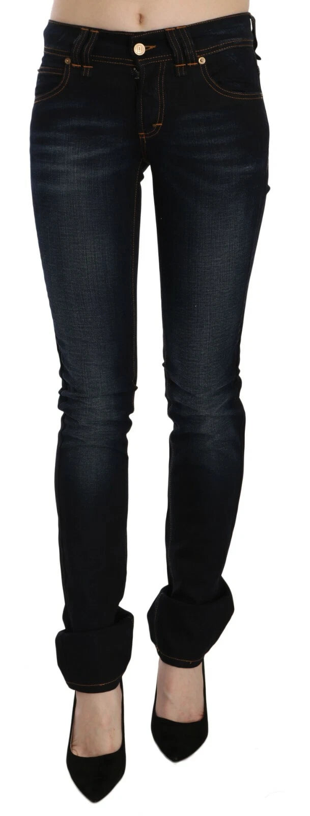 John Galliano Dark Blue Mid Waist Slim Fit Denim Casual Pants Women's Jeans