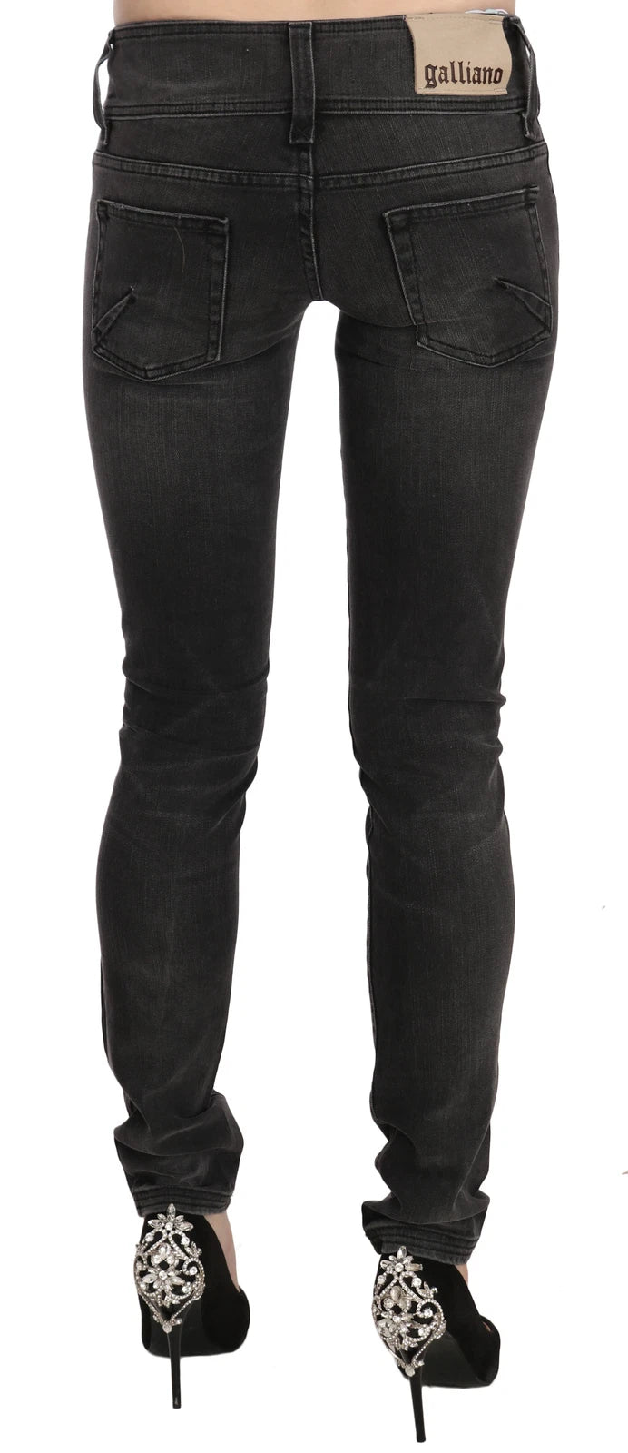 John Galliano Black Washed Low Waist Slim Fit Skinny Denim Pants Women's Jeans