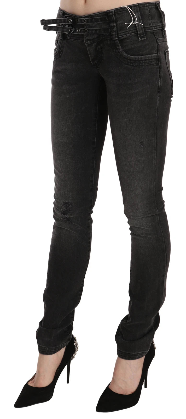 John Galliano Black Washed Low Waist Slim Fit Skinny Denim Pants Women's Jeans