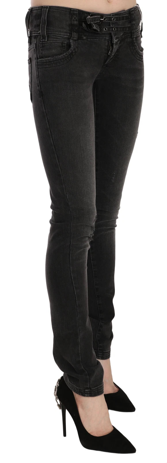 John Galliano Black Washed Low Waist Slim Fit Skinny Denim Pants Women's Jeans
