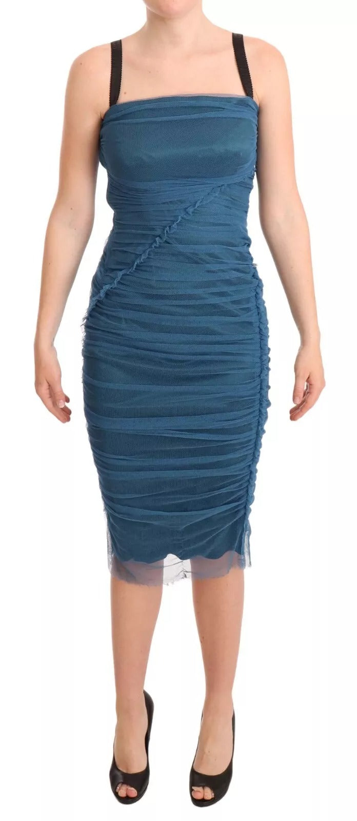 Dolce & Gabbana Blue Mesh Trim Ruched Tulle Sheath Women's Dress (Pre-Owned)