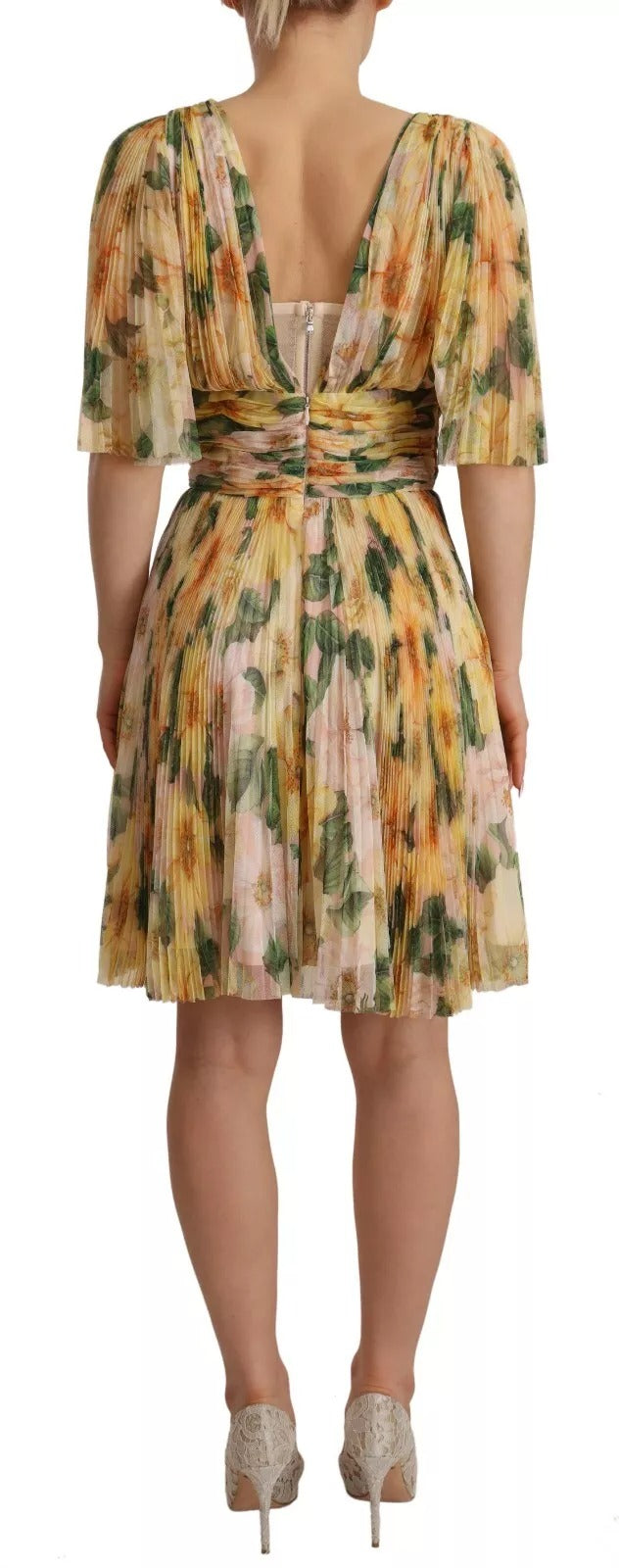 Dolce & Gabbana Yellow Floral Print Pleated Maxi Women's Dress