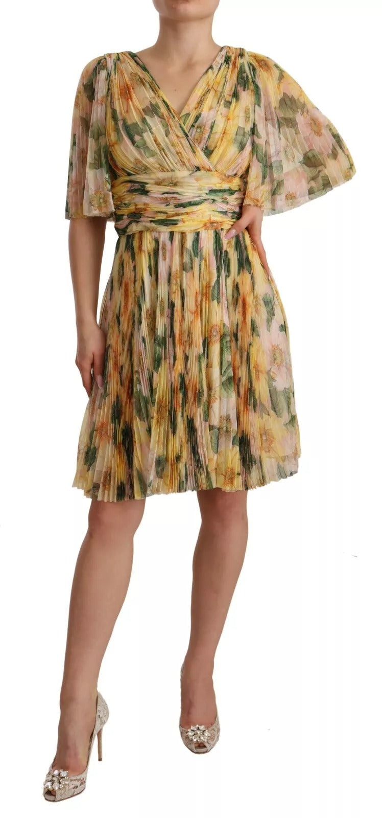 Dolce & Gabbana Yellow Floral Print Pleated Maxi Women's Dress