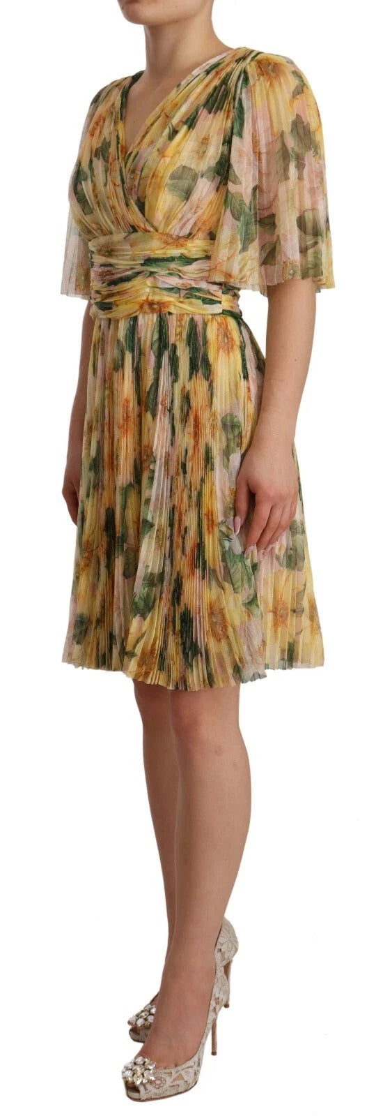 Dolce & Gabbana Yellow Floral Print Pleated Maxi Women's Dress