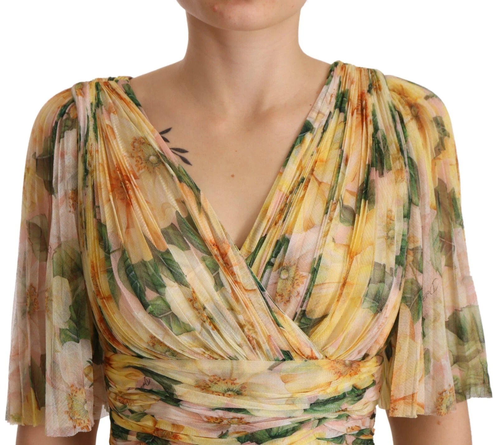 Dolce & Gabbana Yellow Floral Print Pleated Maxi Women's Dress