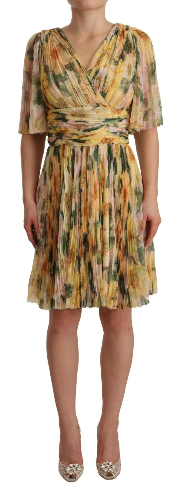Dolce & Gabbana Yellow Floral Print Pleated Maxi Women's Dress