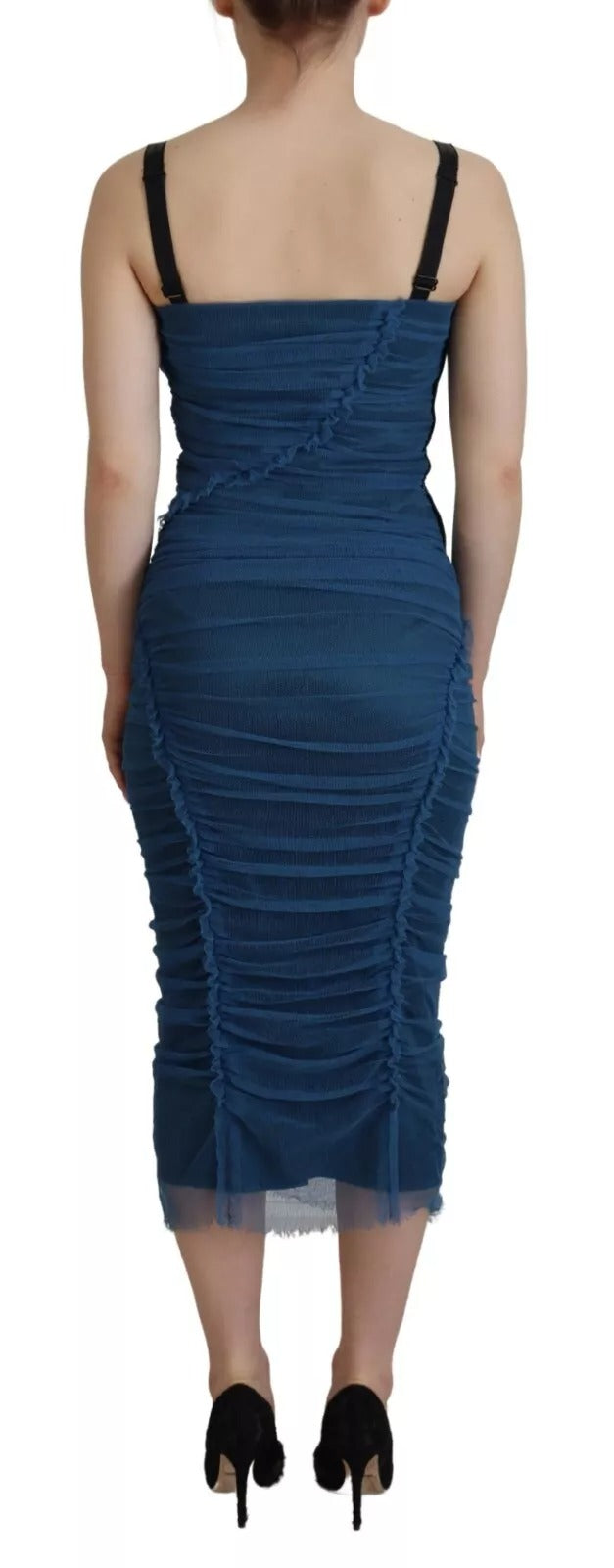 Dolce & Gabbana Blue Mesh Trim Ruched Tulle Sheath Women's Dress (Pre-Owned)