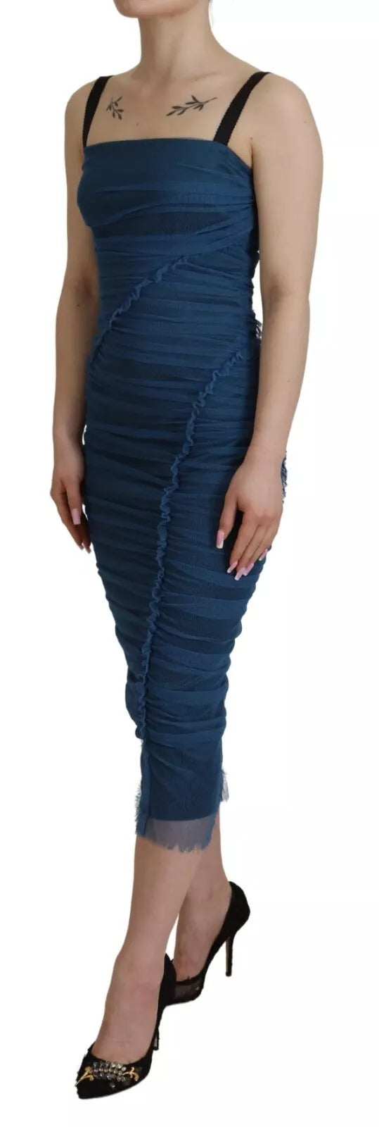 Dolce & Gabbana Blue Mesh Trim Ruched Tulle Sheath Women's Dress (Pre-Owned)