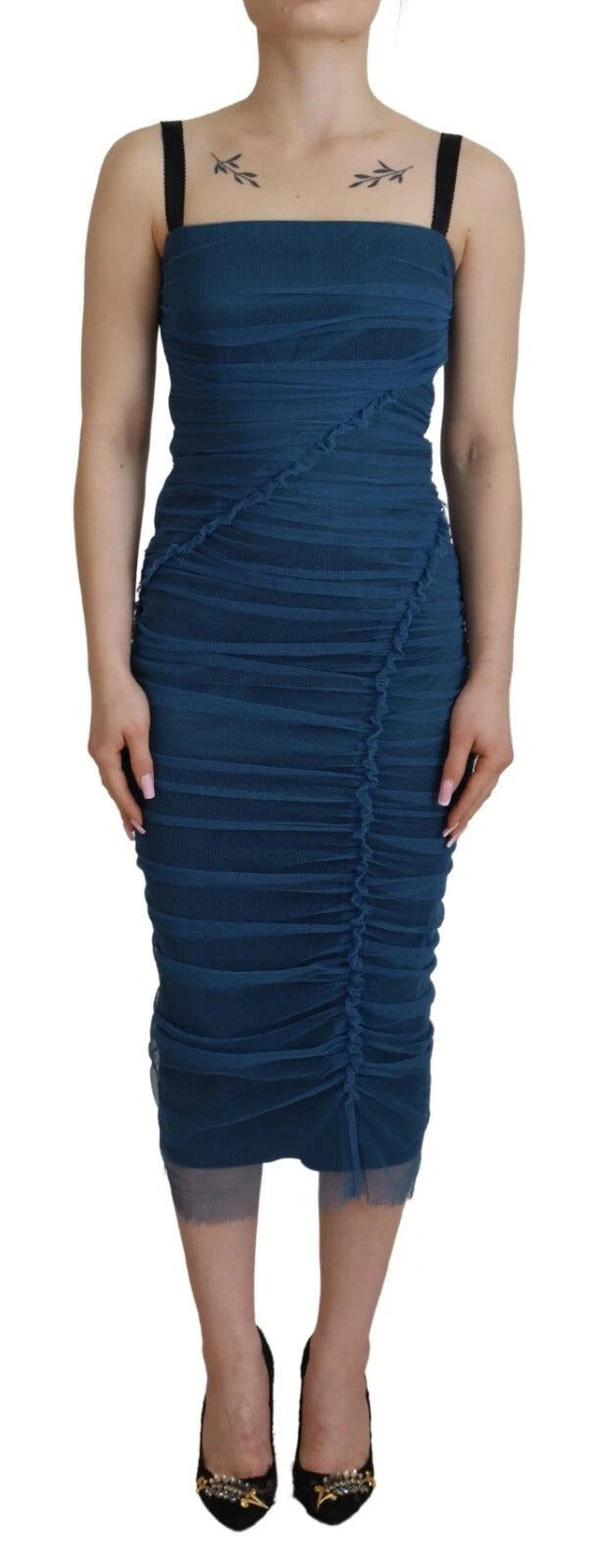 Dolce & Gabbana Blue Mesh Trim Ruched Tulle Sheath Women's Dress (Pre-Owned)