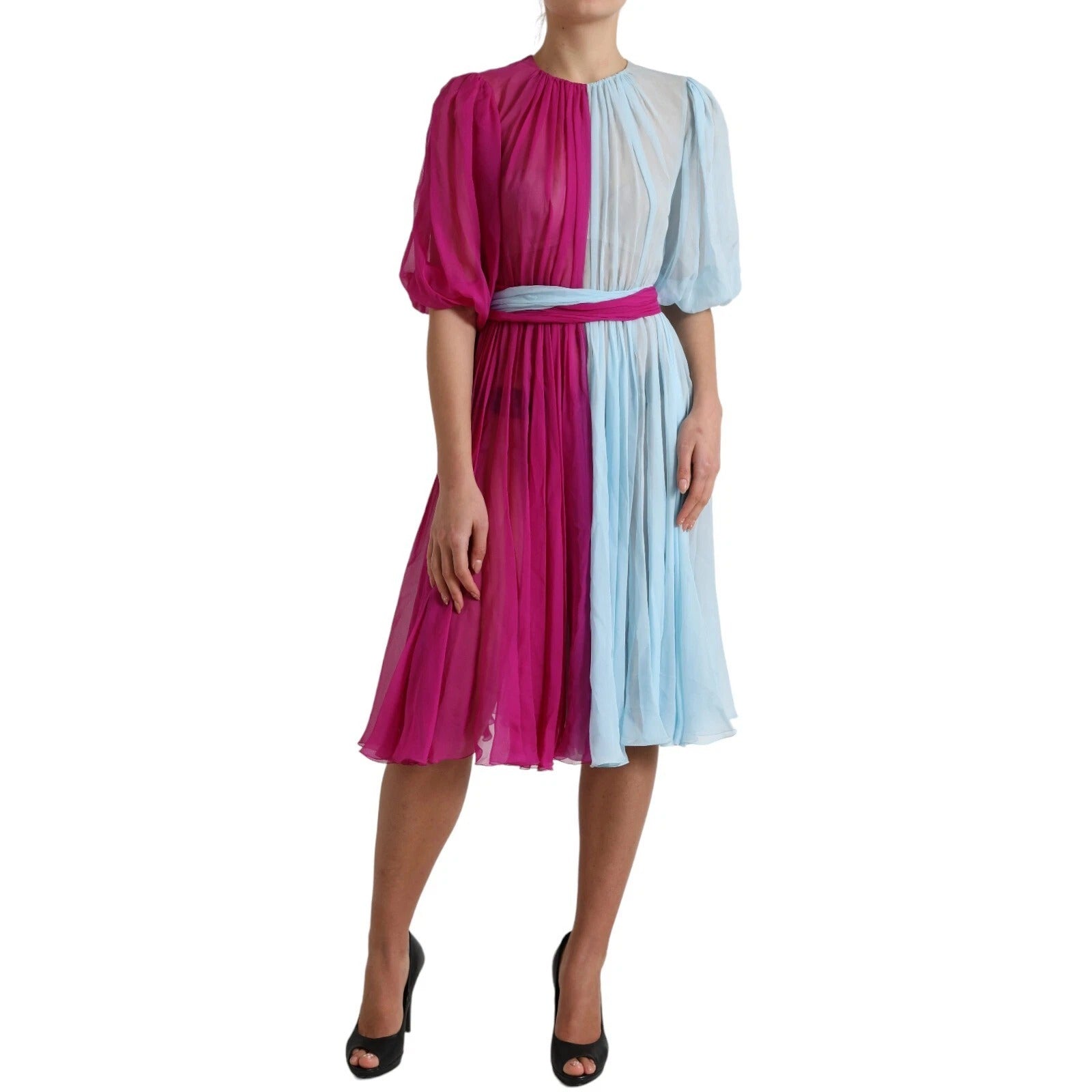 Dolce & Gabbana Light Blue Silk Two Tone Midi Women's Dress