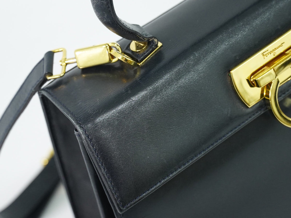 Salvatore Ferragamo Convertible Top Handle Leather Navy Leather Handbag (Pre-Owned)