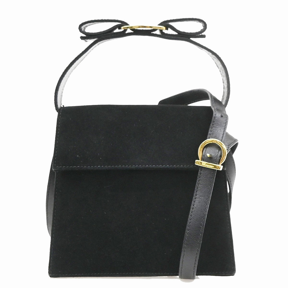 Salvatore Ferragamo Vintage Vara Bow Handle Shoulder Suede Black Suede Handbag (Pre-Owned)