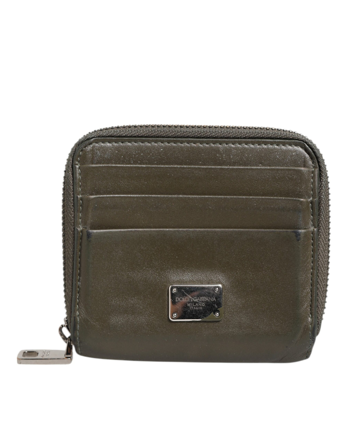 Dolce & Gabbana Military Green Leather Logo Plaque Card Holder Coin Purse Men's Wallet (Pre-Owned)