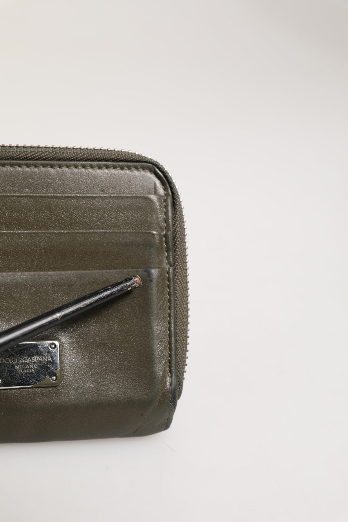 Dolce & Gabbana Military Green Leather Logo Plaque Card Holder Coin Purse Men's Wallet (Pre-Owned)