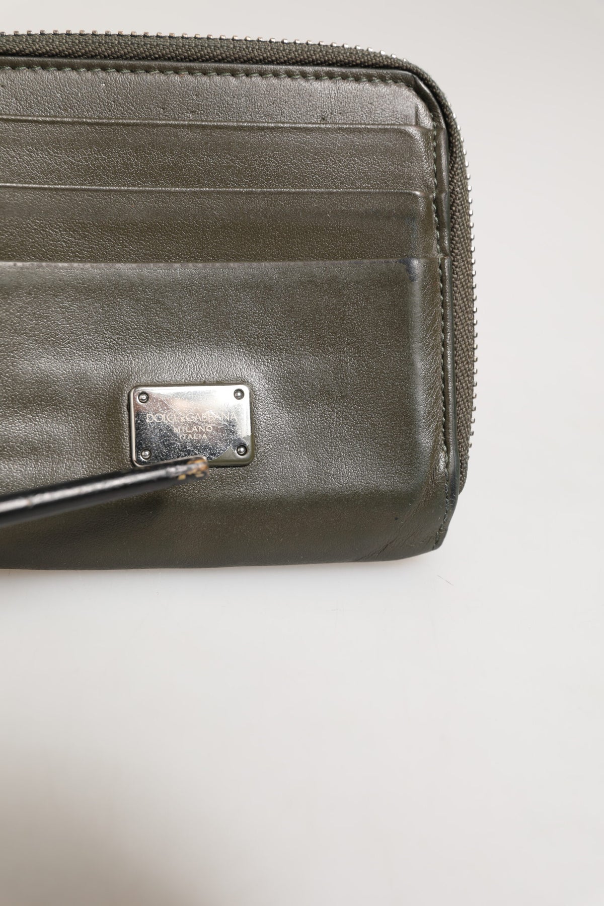Dolce & Gabbana Military Green Leather Logo Plaque Card Holder Coin Purse Men's Wallet (Pre-Owned)