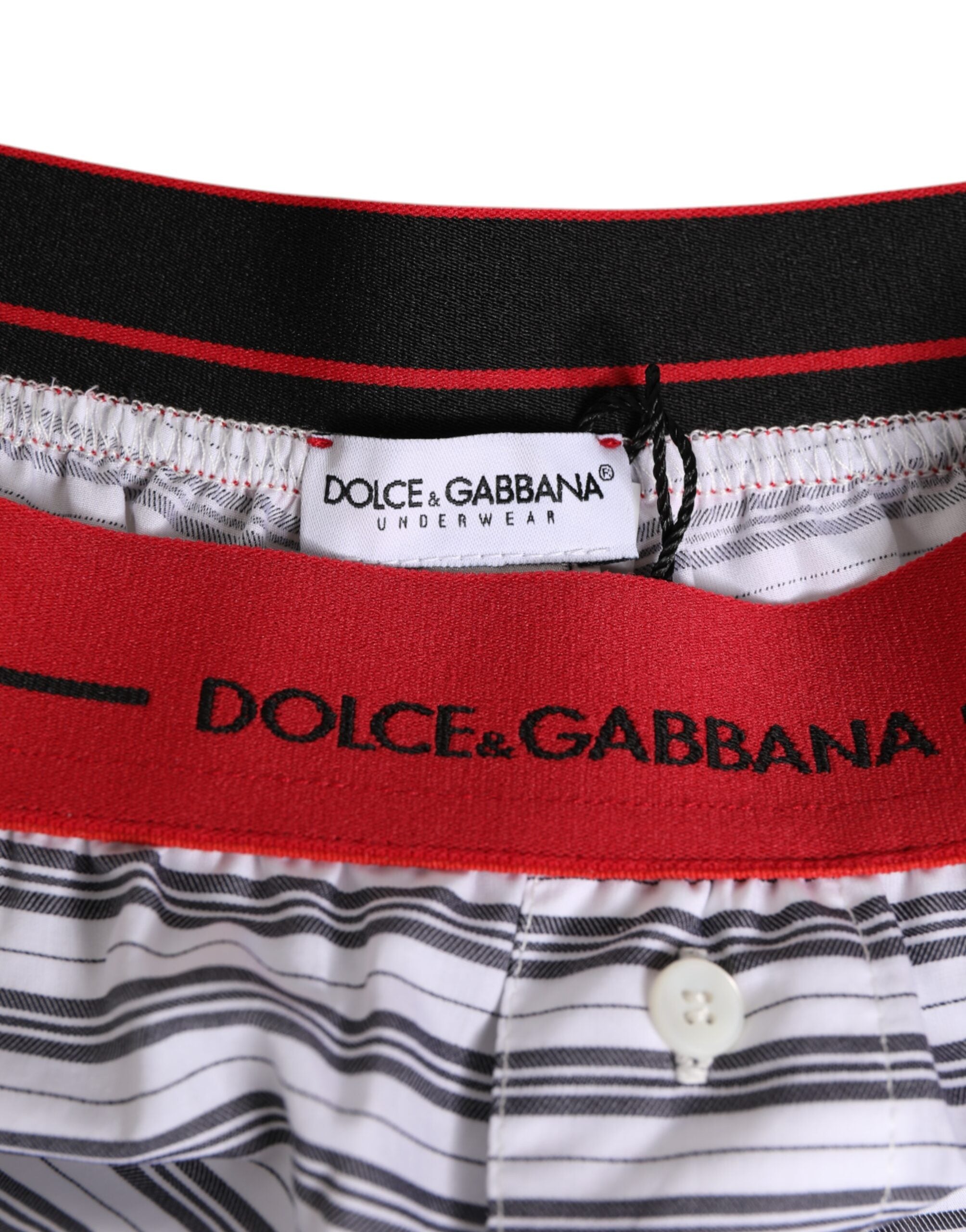 Dolce & Gabbana White Striped Cotton Red Waistband Shorts Men's Swimwear