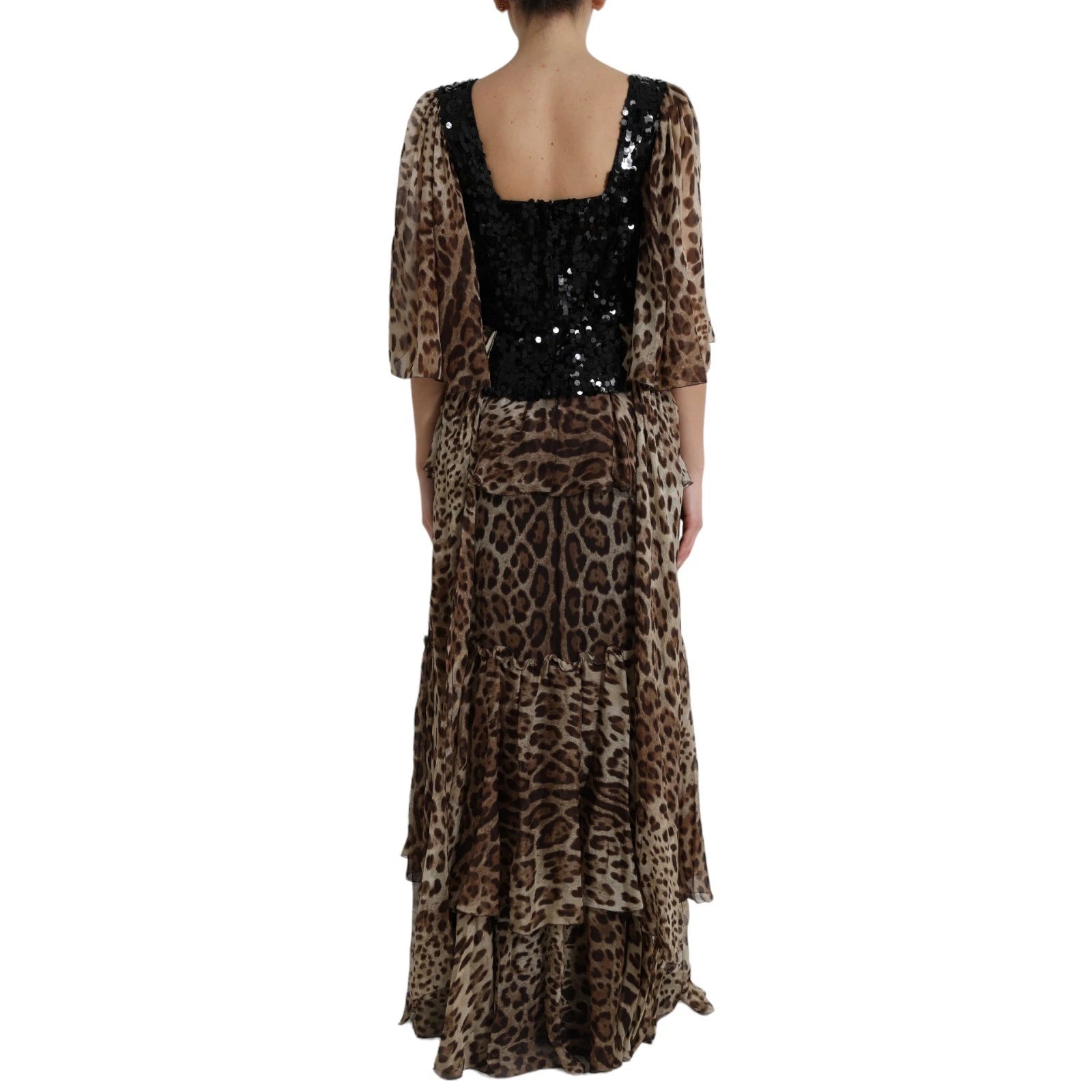 Dolce & Gabbana Leopard Print Silk Sequin Ruffle Maxi Women's Dress