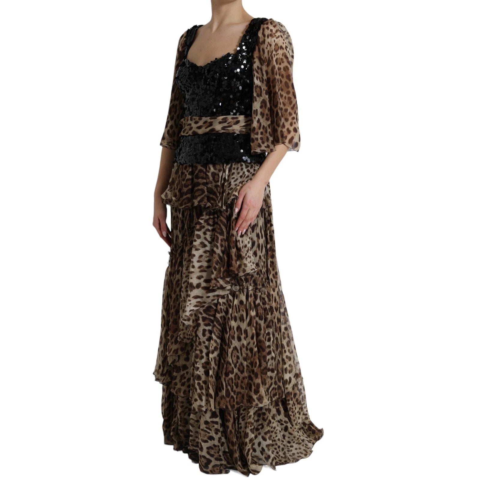 Dolce & Gabbana Leopard Print Silk Sequin Ruffle Maxi Women's Dress