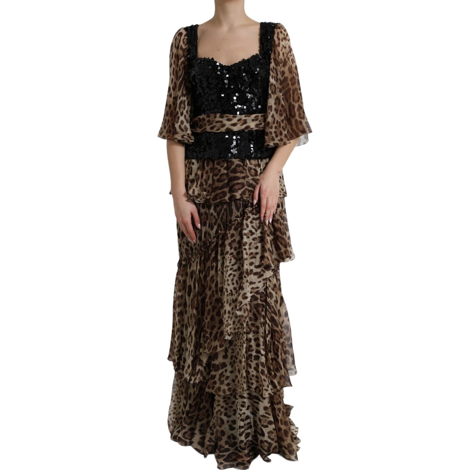 Dolce & Gabbana Leopard Print Silk Sequin Ruffle Maxi Women's Dress