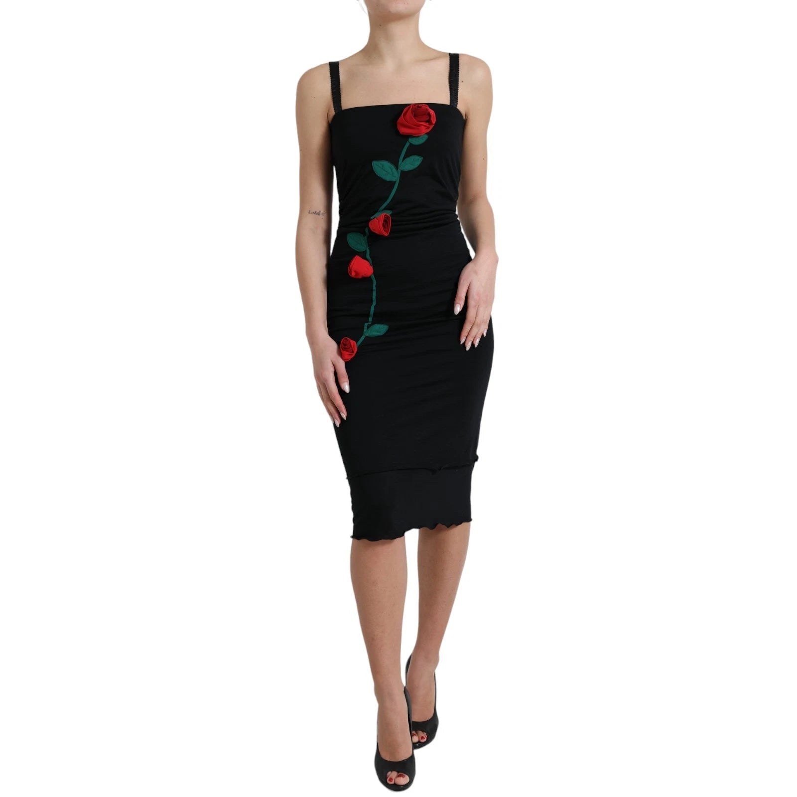 Dolce & Gabbana Black Wool Sleeveless Rose Applique Women's Dress (Pre-Owned)