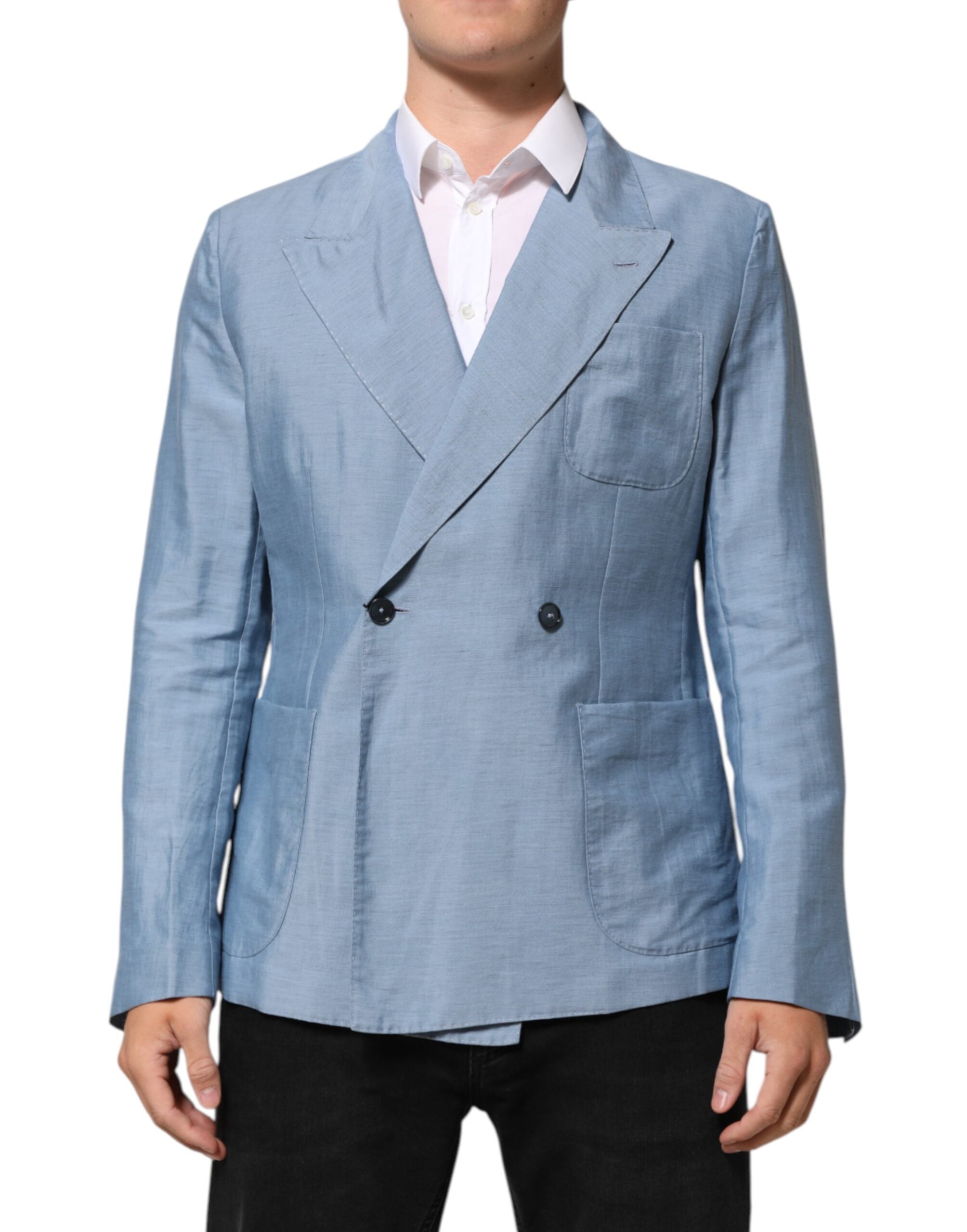 Dolce & Gabbana Light Blue Linen Double Breasted Men Jacket Men's Blazer