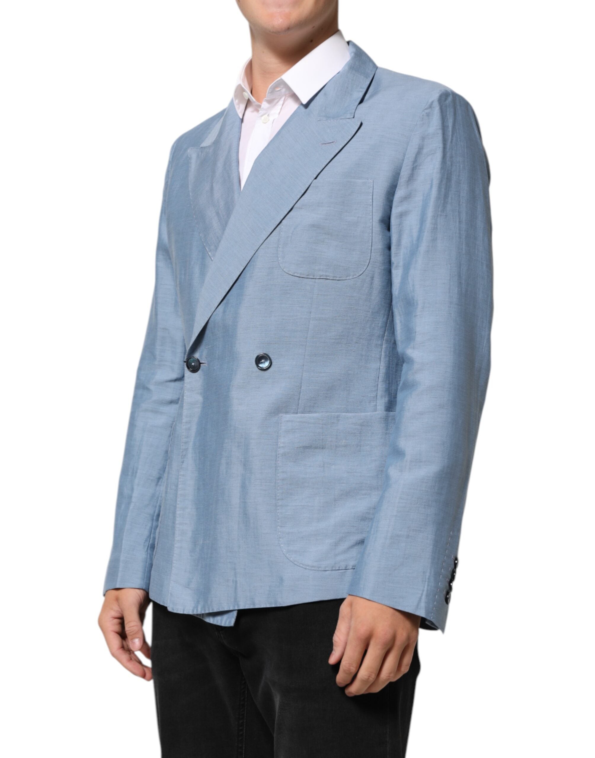 Dolce & Gabbana Light Blue Linen Double Breasted Men Jacket Men's Blazer