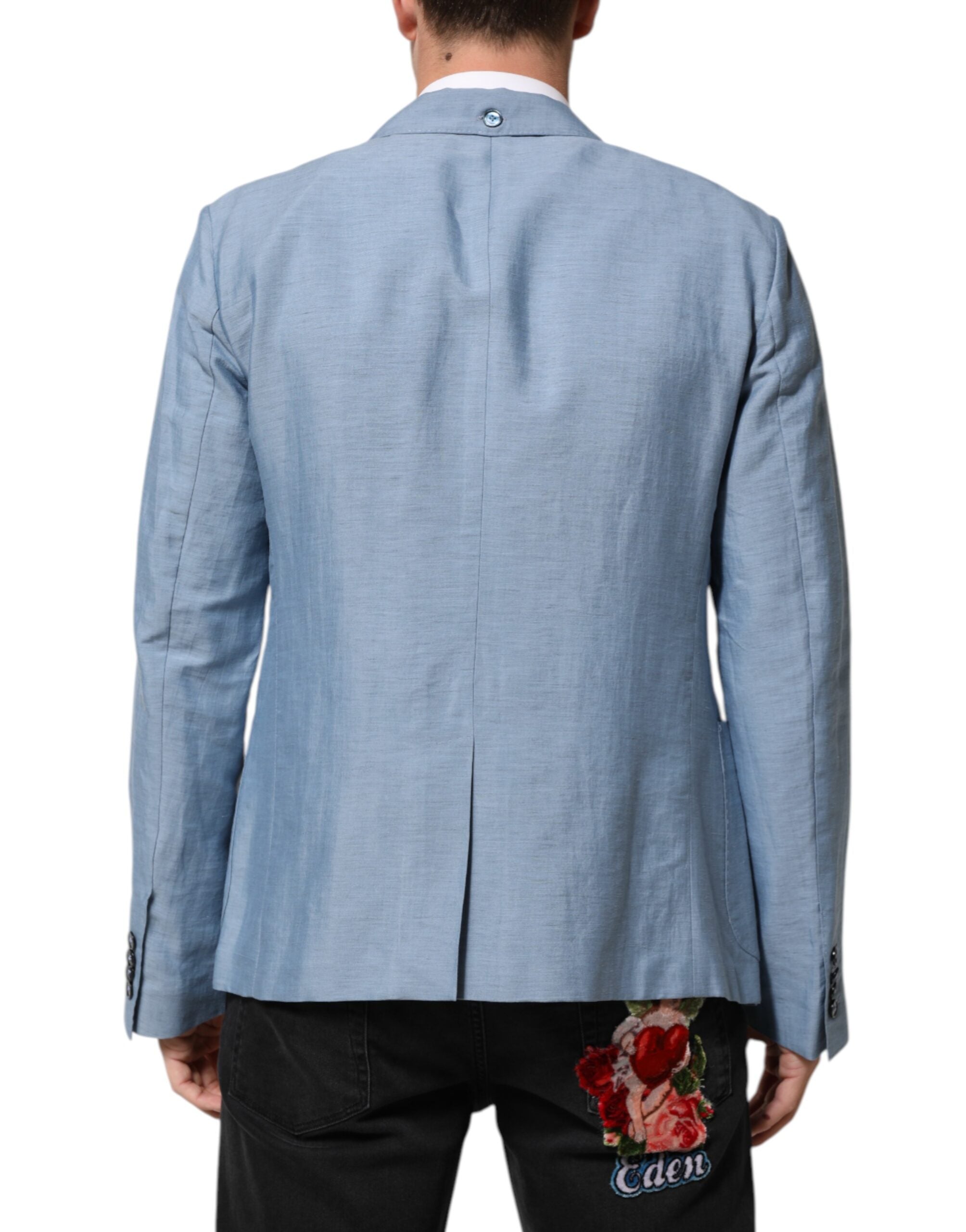 Dolce & Gabbana Light Blue Linen Double Breasted Men Jacket Men's Blazer