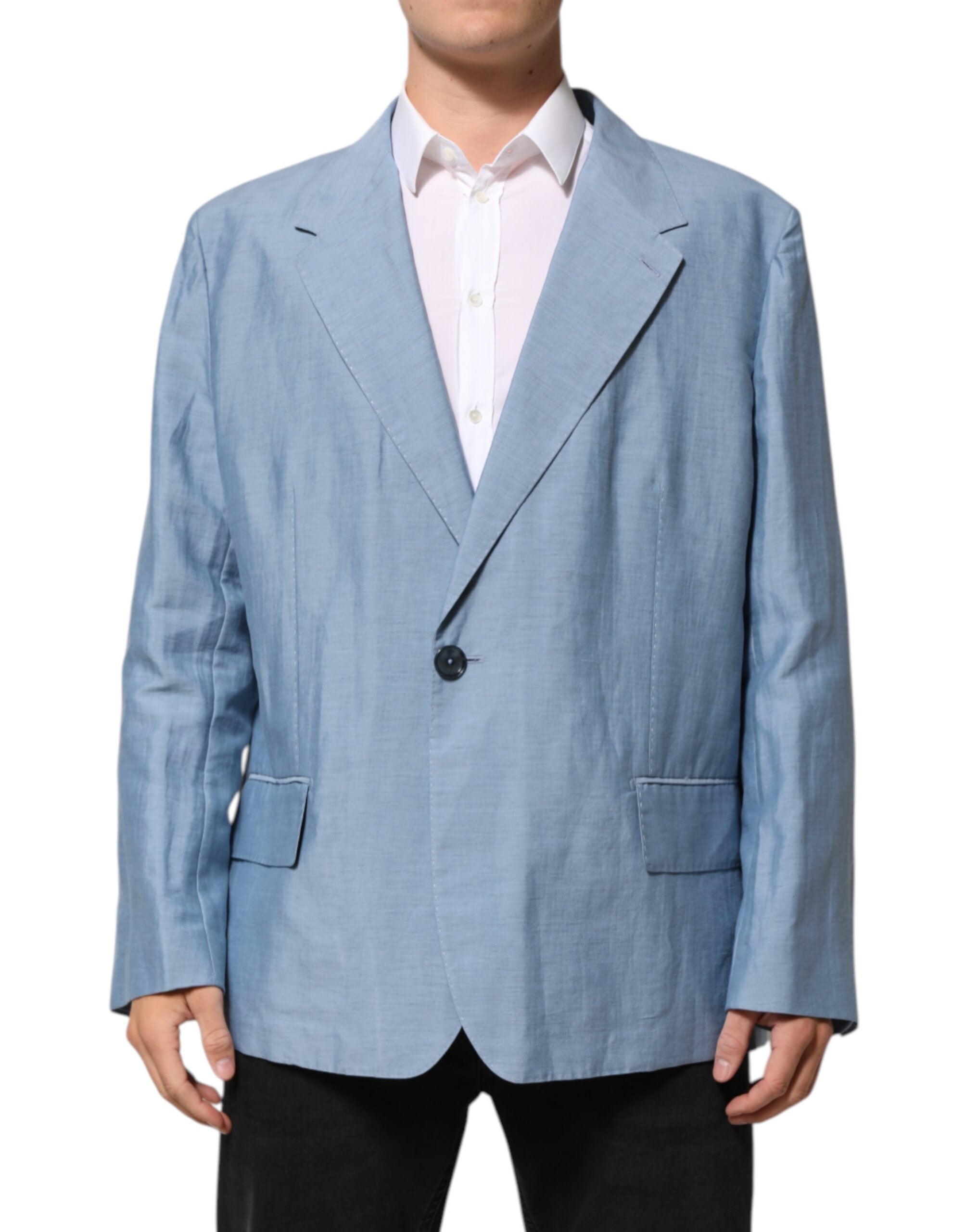Dolce & Gabbana Light Blue Linen Double Breasted Men Jacket Men's Blazer (Pre-Owned)