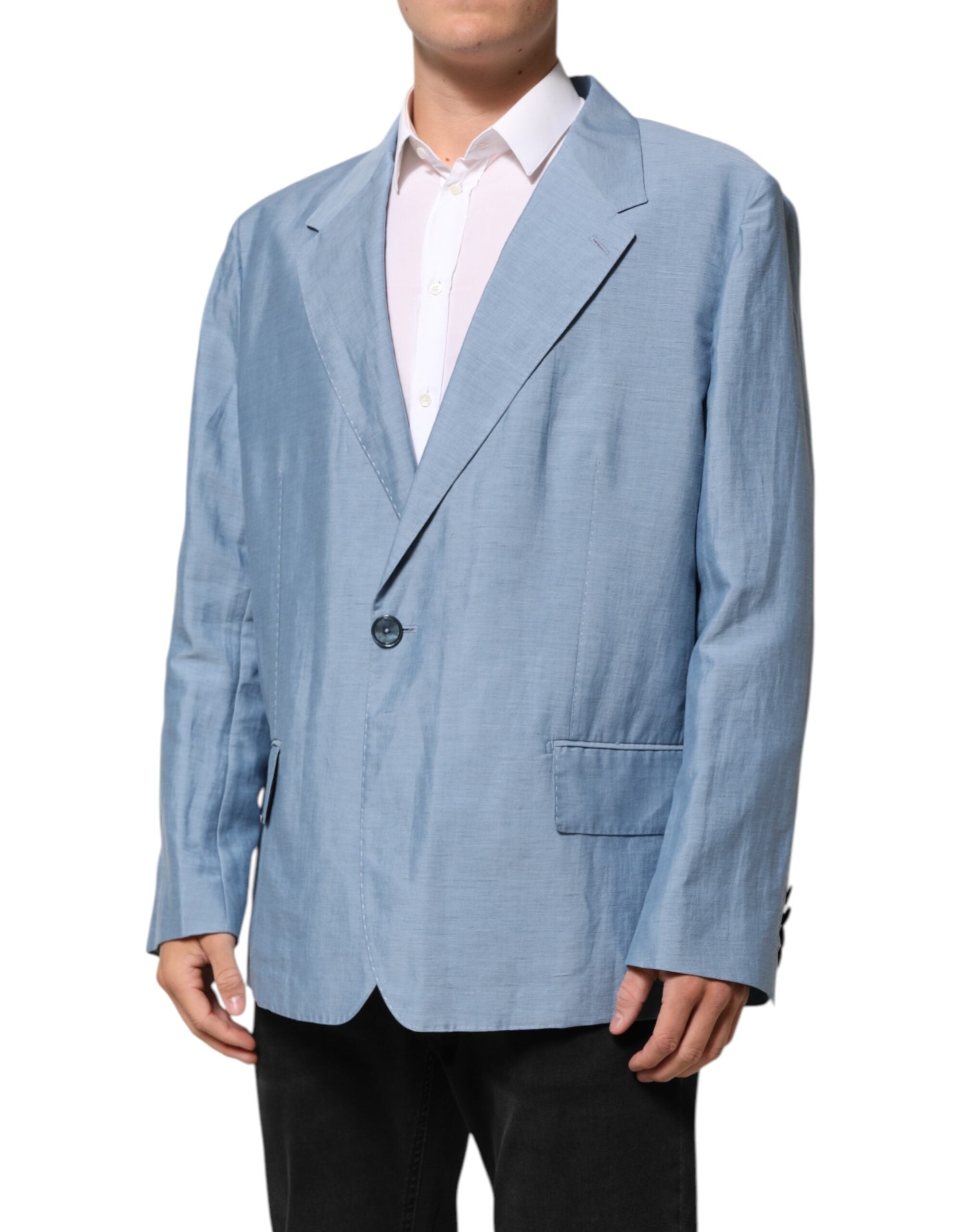 Dolce & Gabbana Light Blue Linen Double Breasted Men Jacket Men's Blazer (Pre-Owned)