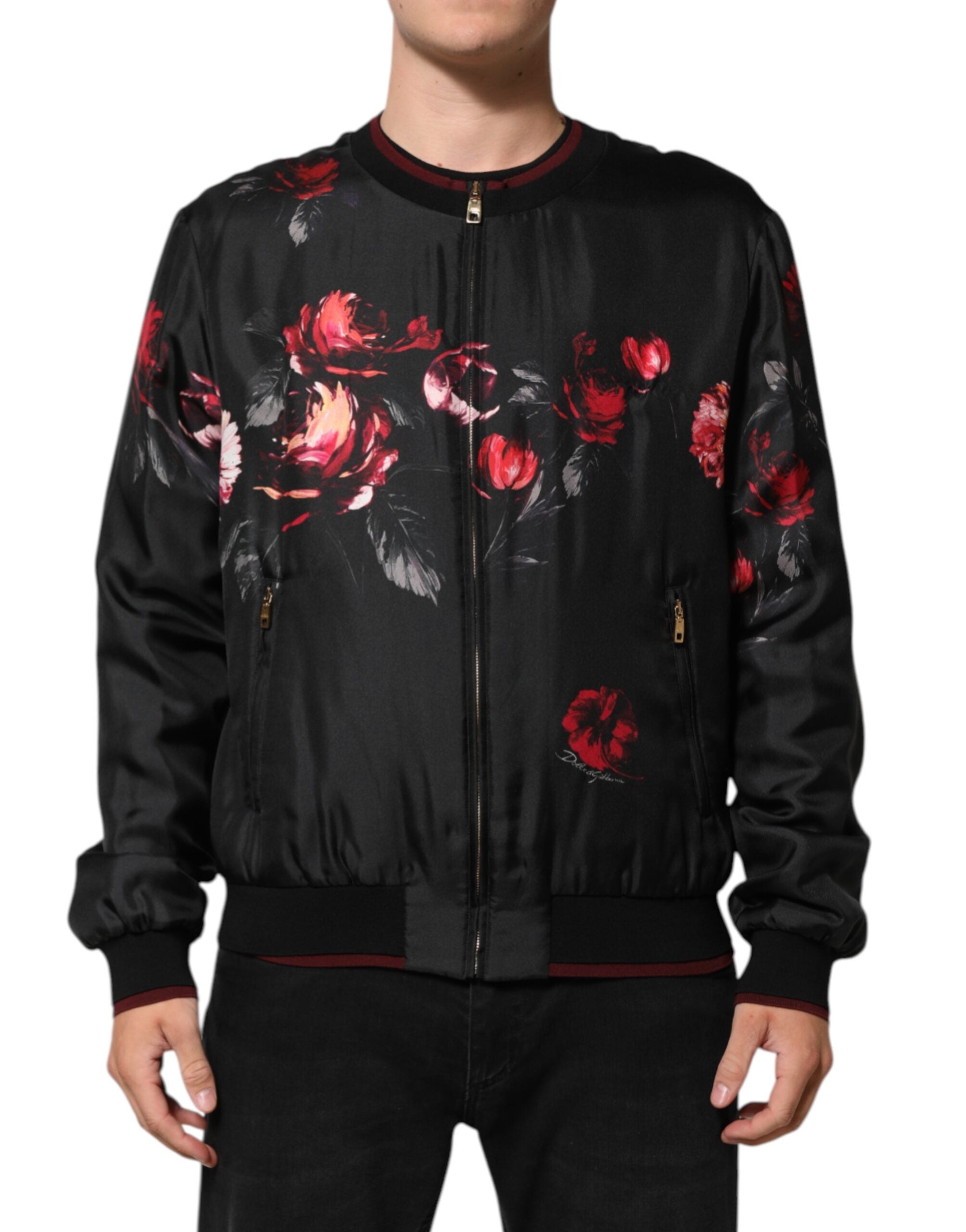 Dolce & Gabbana Black Red Floral Silk Bomber Blouson Men's Jacket (Pre-Owned)