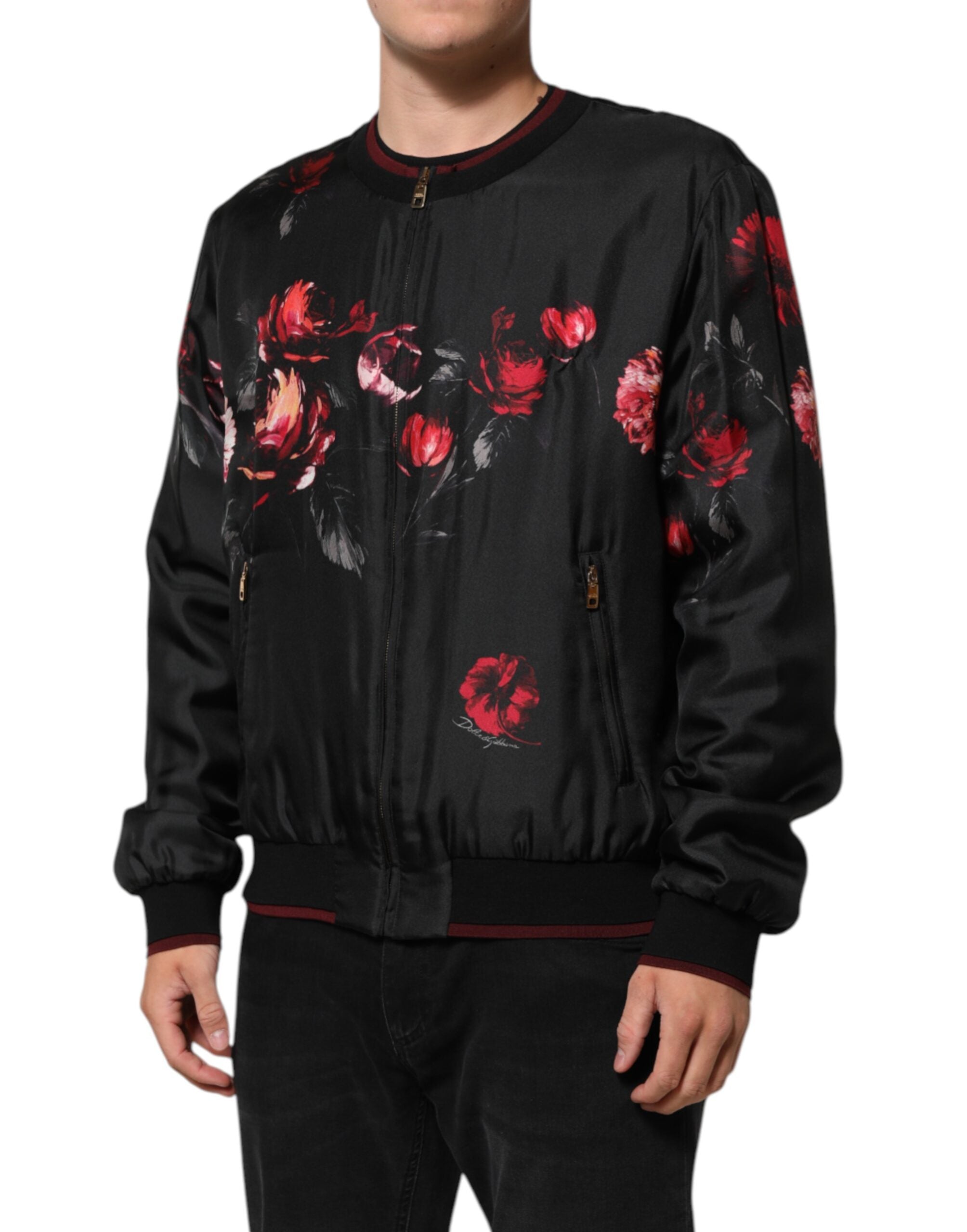 Dolce & Gabbana Black Red Floral Silk Bomber Blouson Men's Jacket (Pre-Owned)