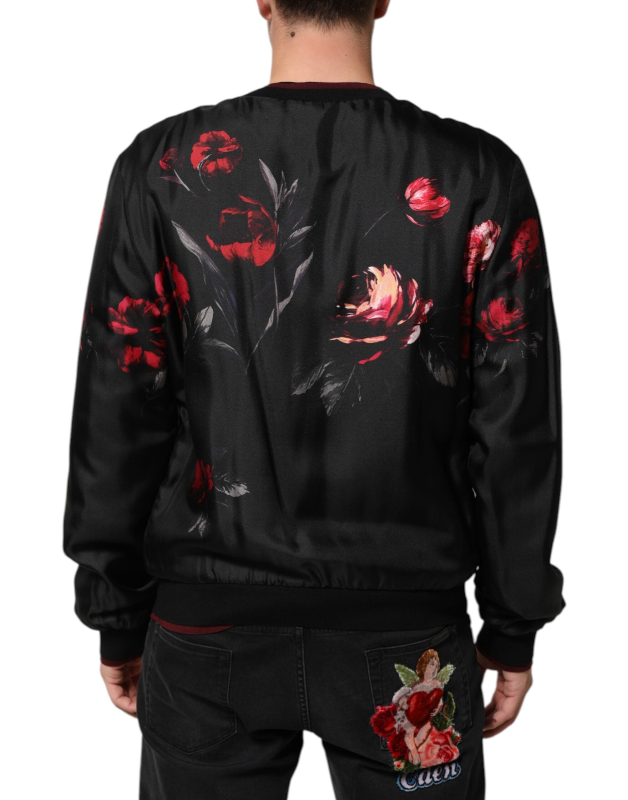 Dolce & Gabbana Black Red Floral Silk Bomber Blouson Men's Jacket (Pre-Owned)