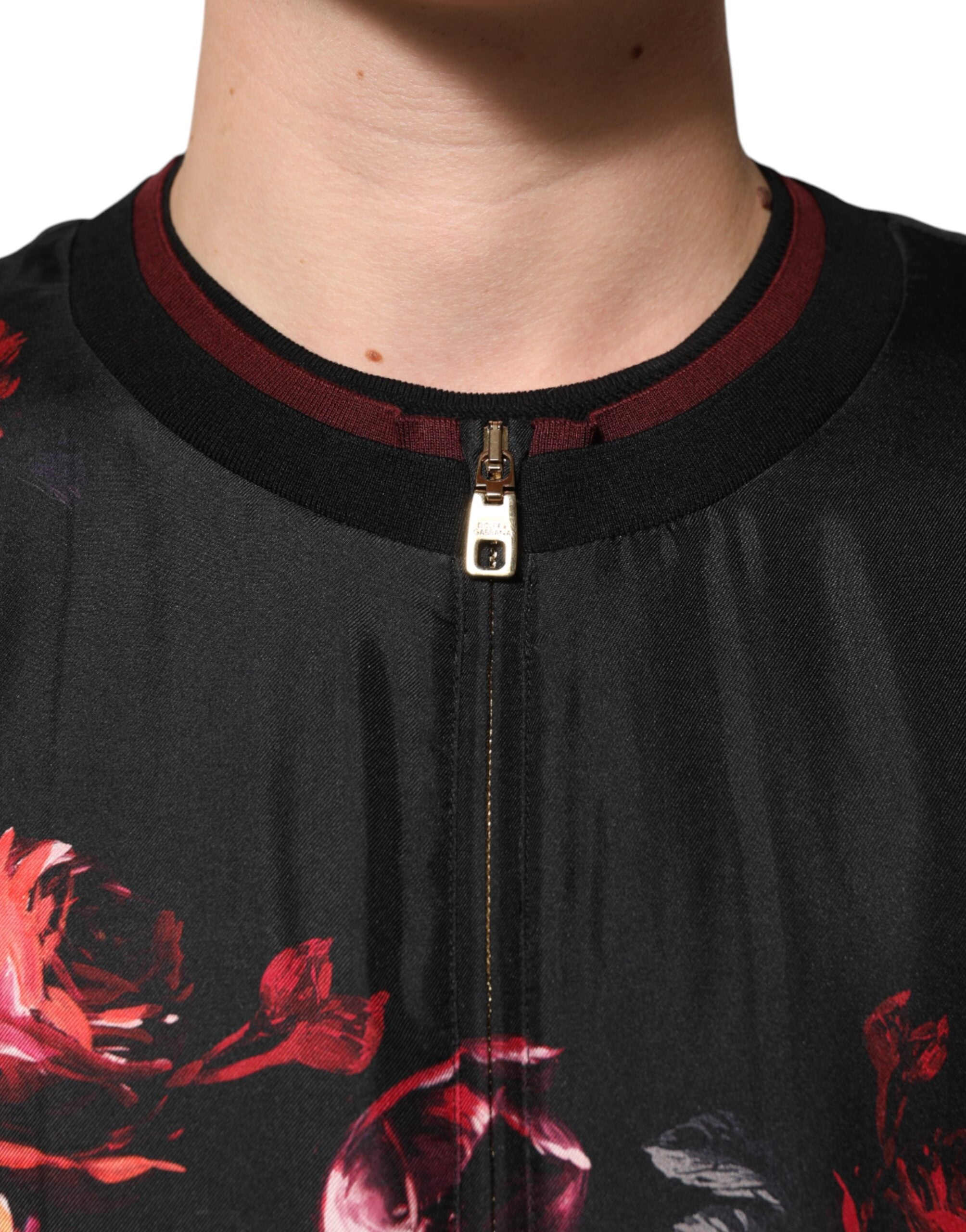 Dolce & Gabbana Black Red Floral Silk Bomber Blouson Men's Jacket (Pre-Owned)
