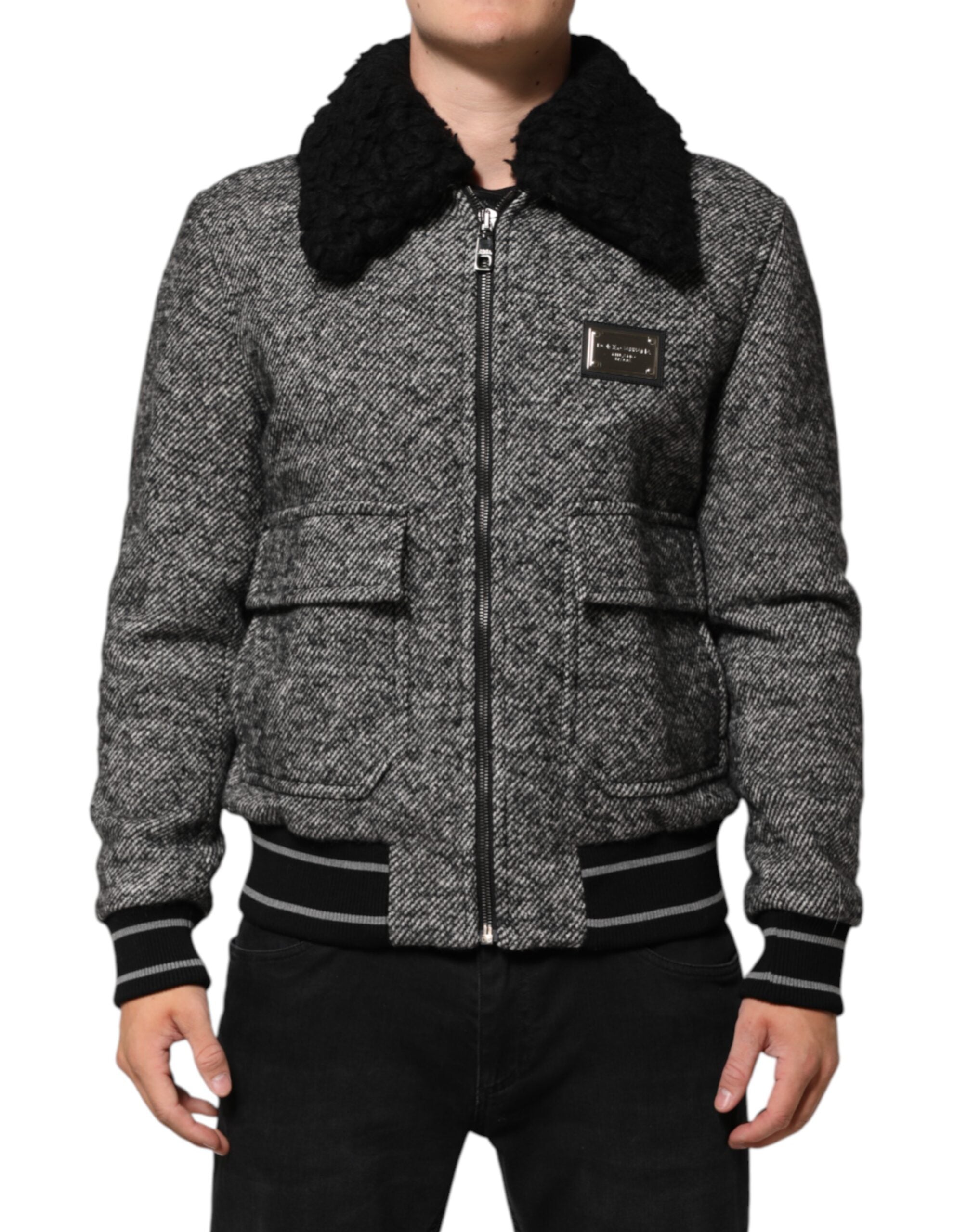 Dolce & Gabbana Gray Wool Herringbone Shearling Collar Bomber Men's Jacket