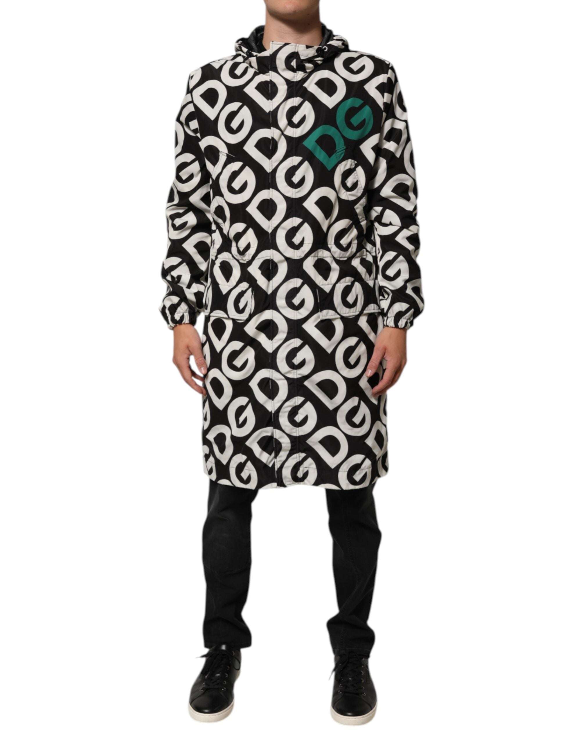 Dolce & Gabbana Black White Logo Print Hooded Coat Men Men's Jacket