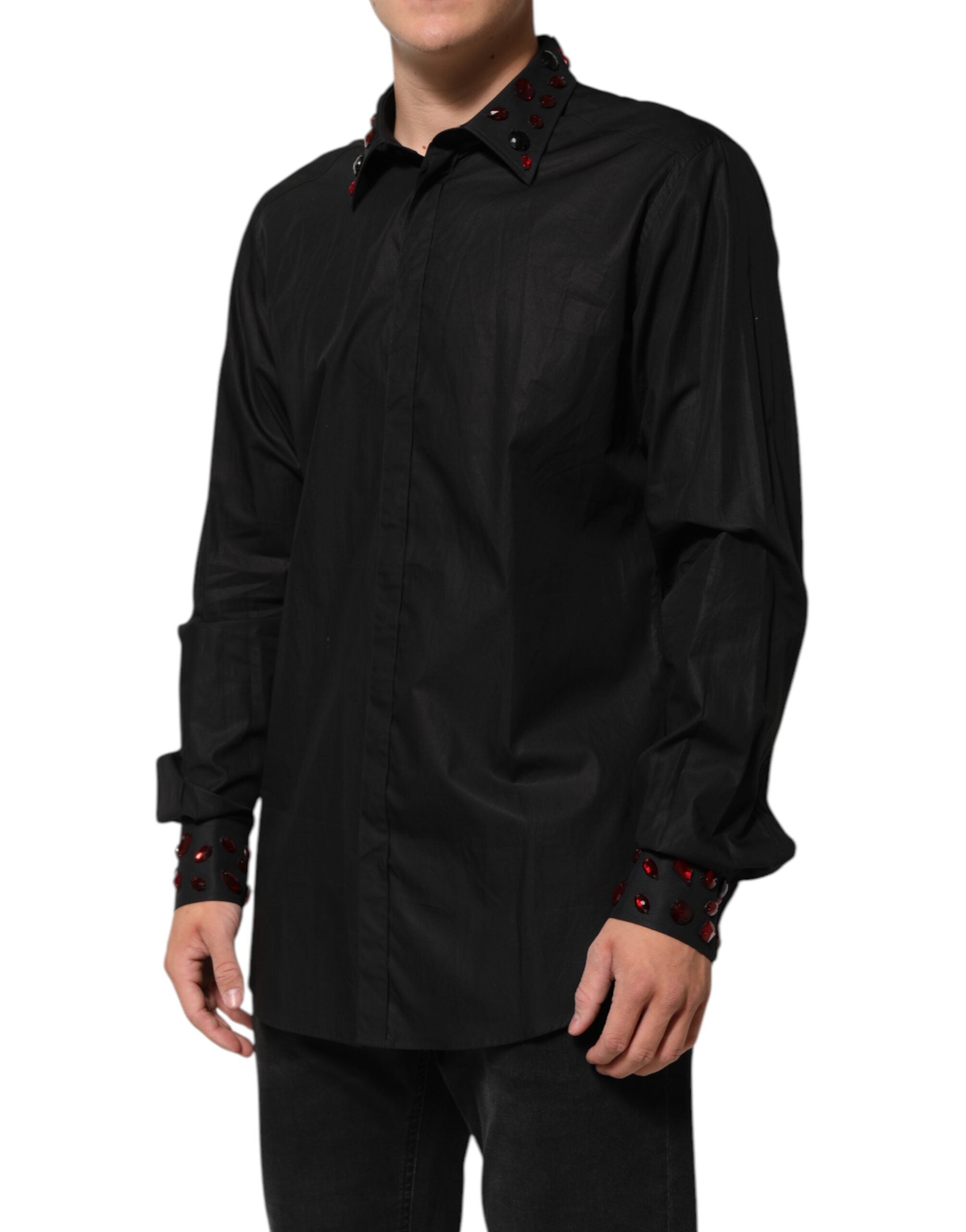 Dolce & Gabbana Black Cotton Embellished Collar Men’s Men's Shirt